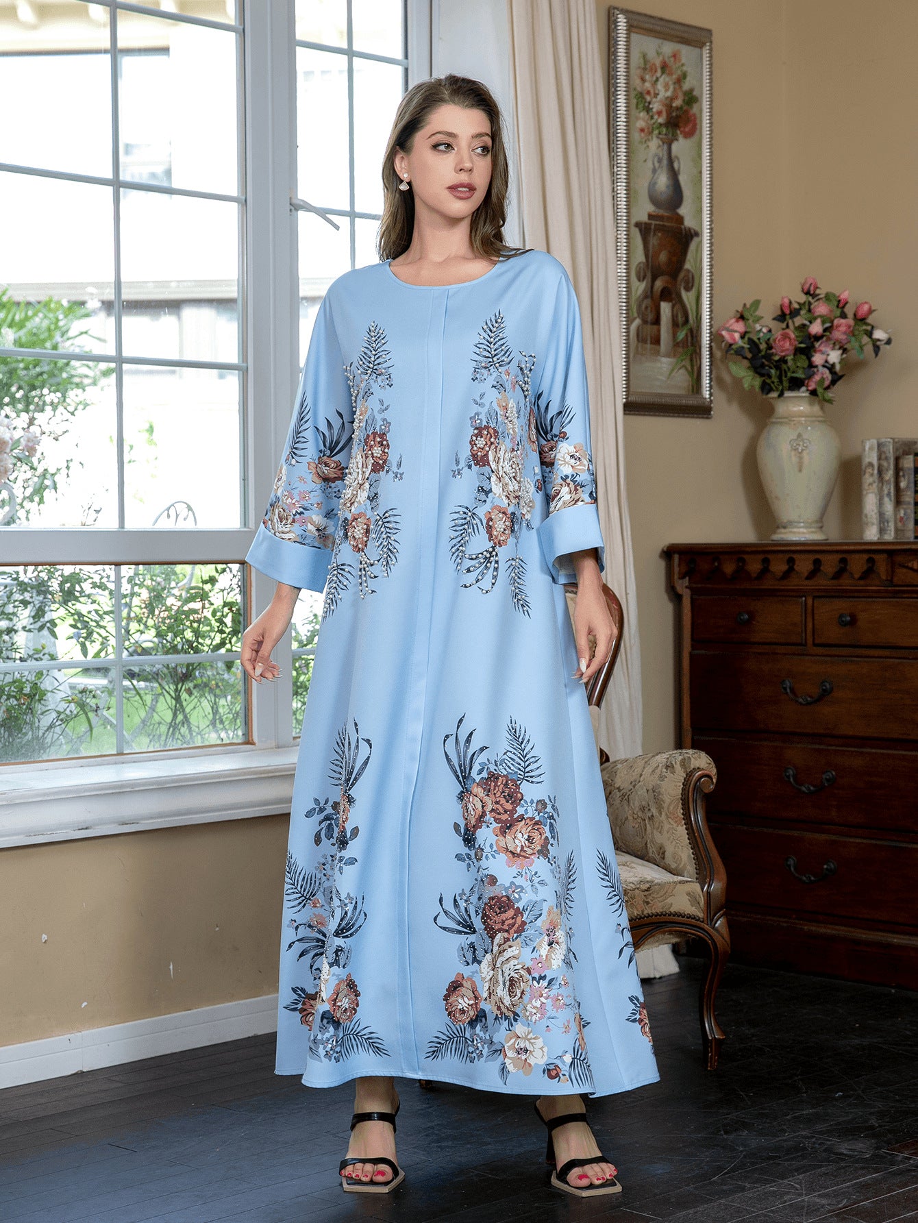 Sky Blue Rhinestone Beaded Round Neck Floral Maxi Dress - Modest