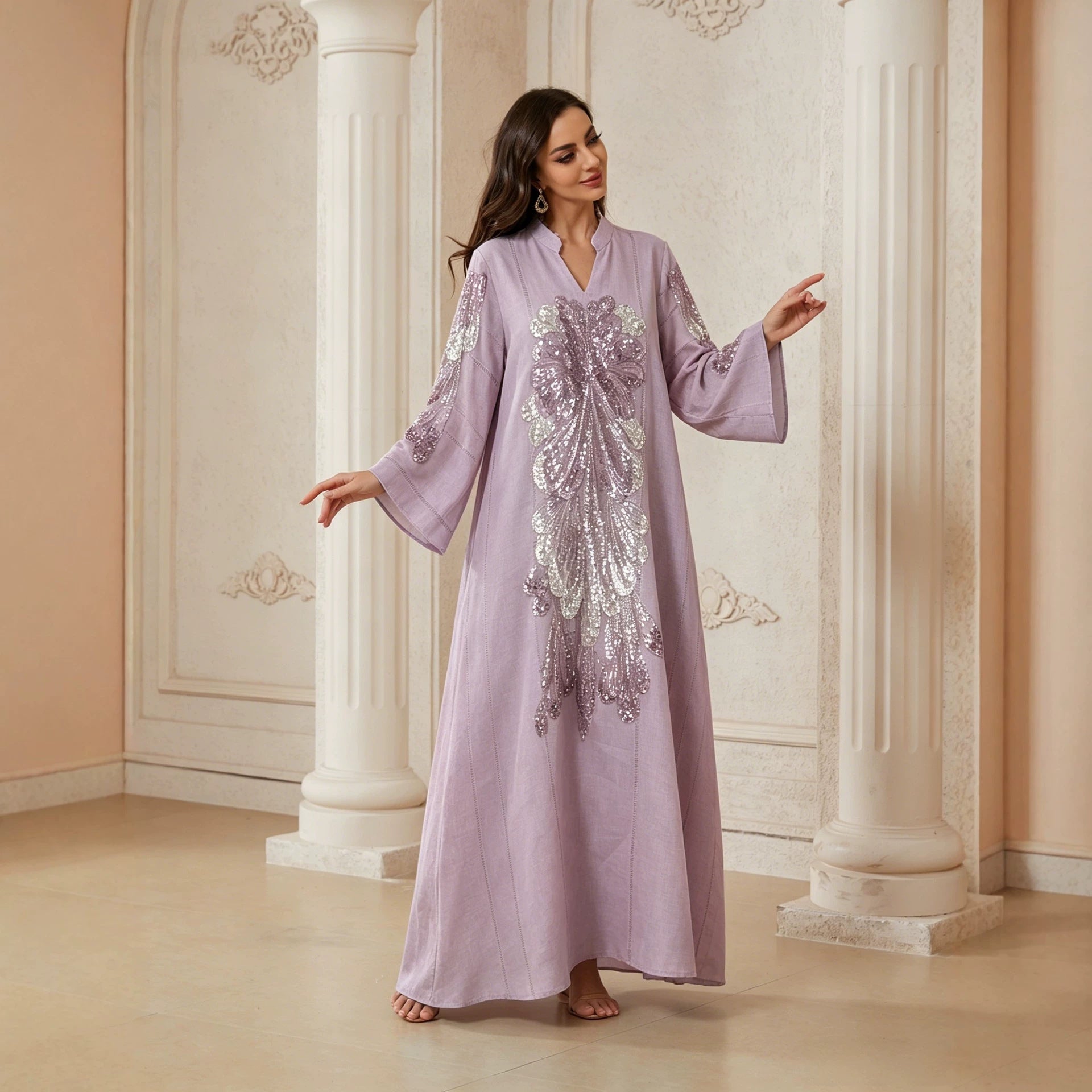 Peacock Feather Sequin Beaded Linen Abaya For Women Stand Split Collar Long Sleeve Dubai Luxury Muslim Kaftan Modest Maxi Dress For Eid Ramadan Wedding Party 3 Colors