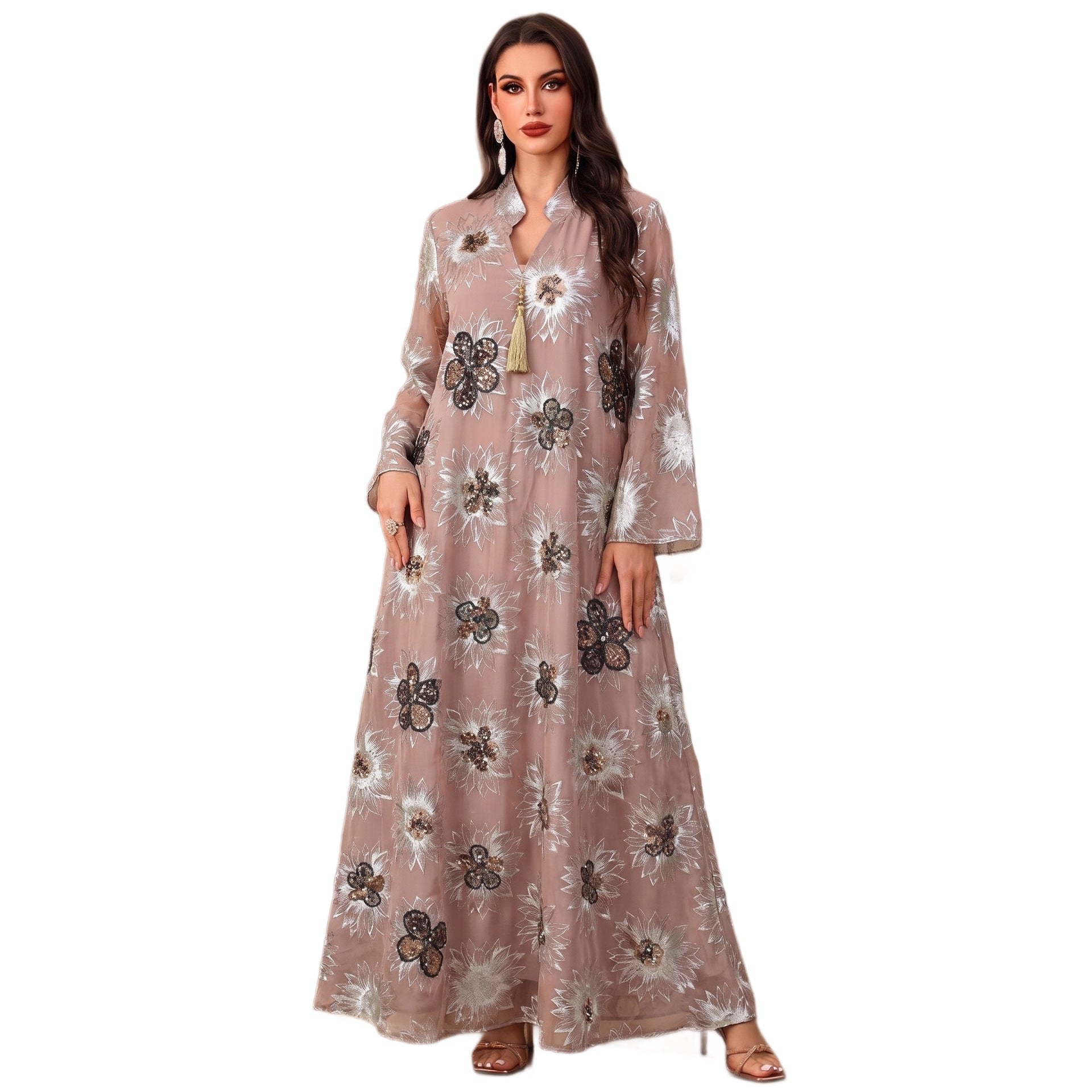 Green Lotus Pink White V-Neck Beaded Ethnic Print Maxi Abaya Dress