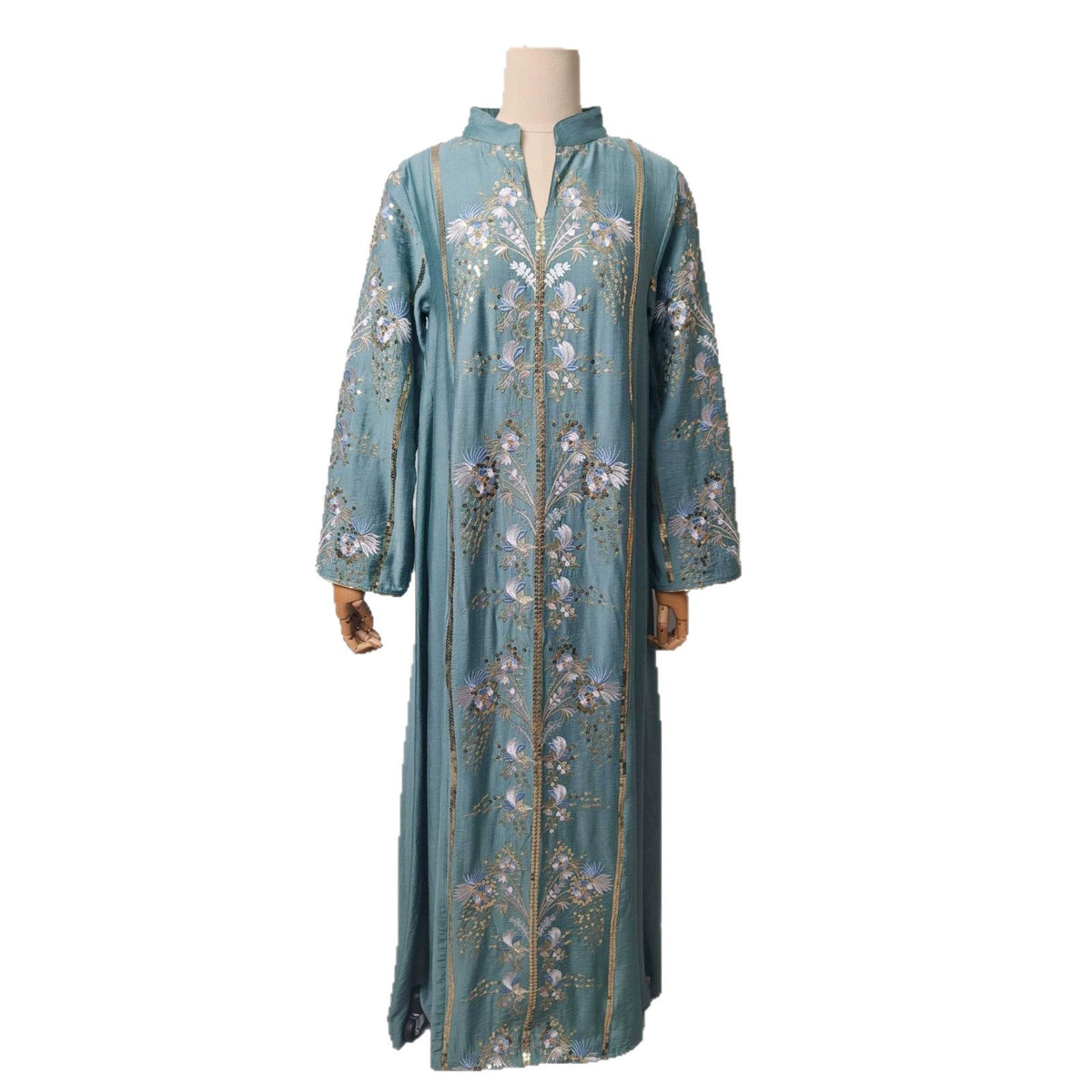 Vintage V-Neck Floral Embroidered Rayon Abaya Maxi Kaftan Dress for Muslim Women Elegant Ramadan Eid Celebration Gown - 251
