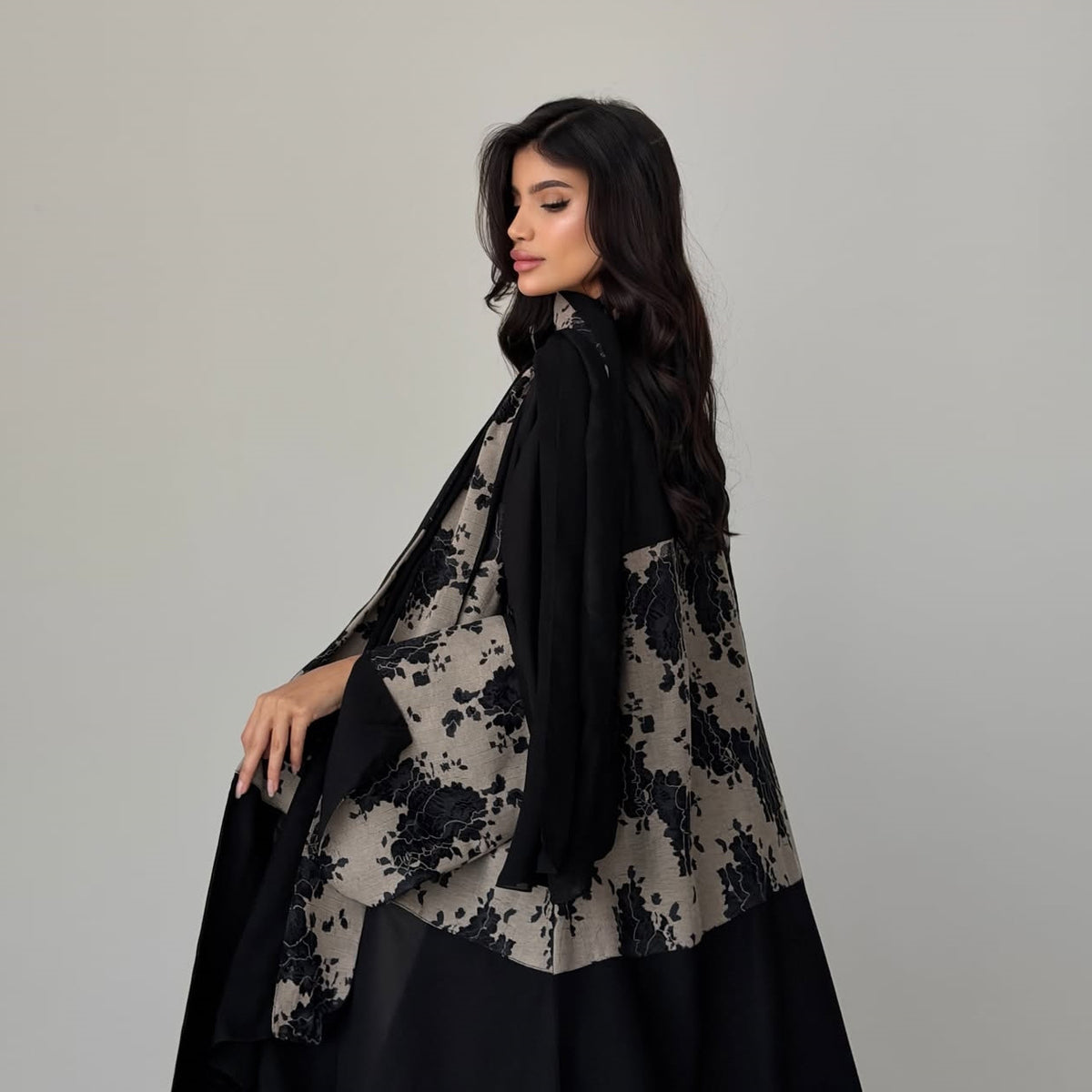 Black Lace Patchwork Open Outerwear Maxi Dress with Hijab Two-Piece Set Jalabiya Modest Long Dress for Eid Ramadan Festive Celebration S-XXL