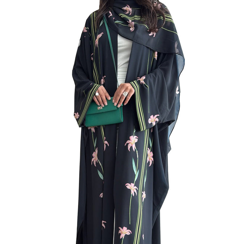 Black Floral Print Open Outerwear Maxi Dress with Hijab Two-Piece Set