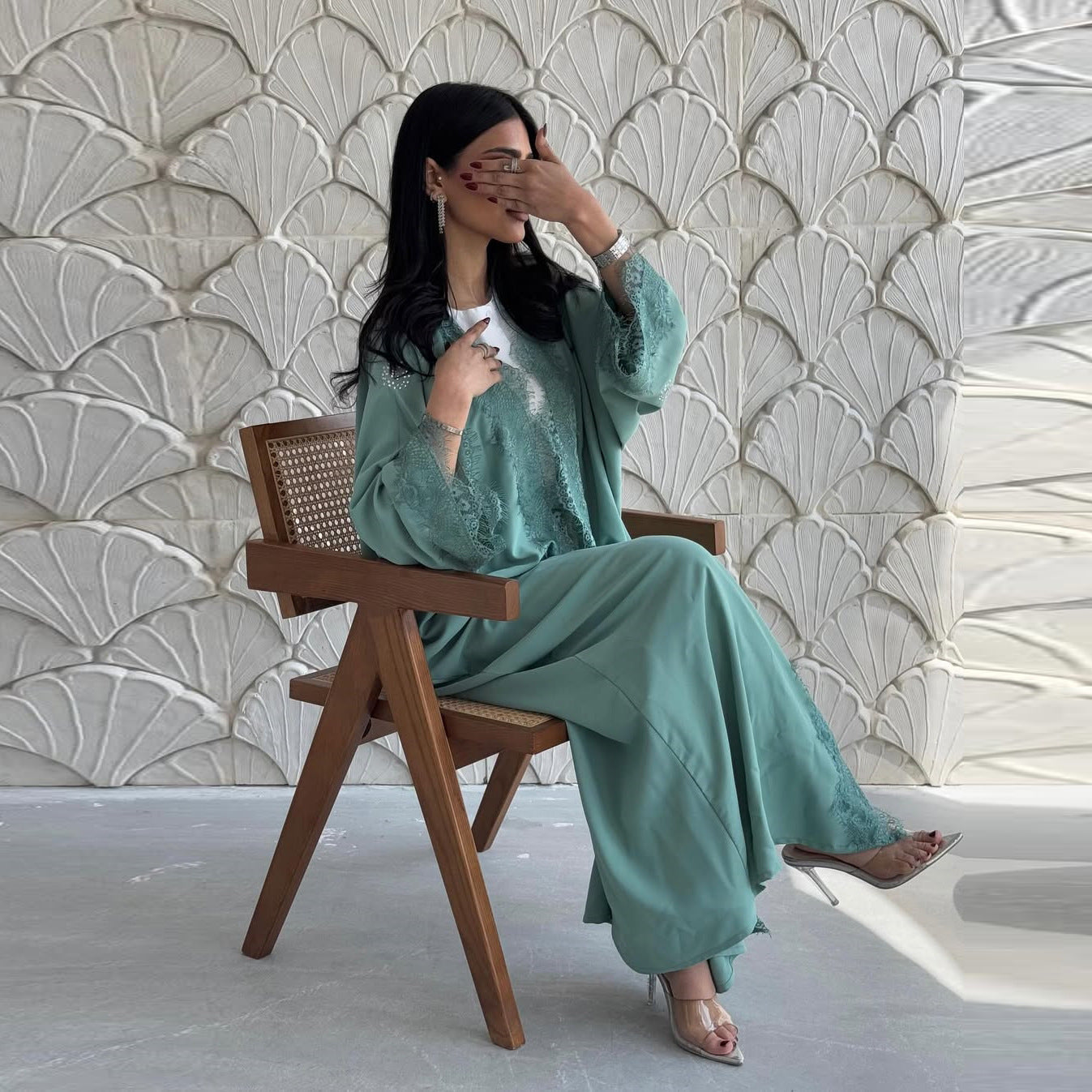 Light Green Lace Patchwork Long Open Abaya - Plus Size Modest Maxi Cardigan
