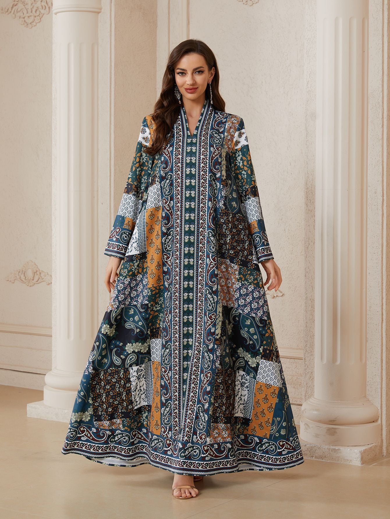 Floral Rhinestone Printed Jalabiya - Casual Modest Long Dress