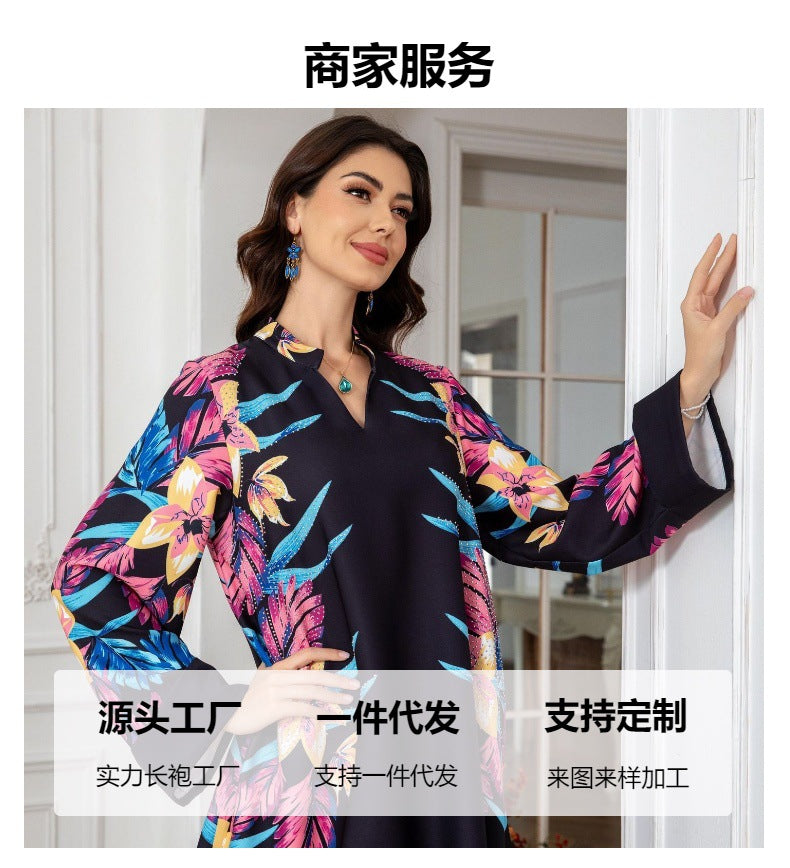 Black Floral Print Modest Abaya Dress - Long Sleeve Everyday Robe