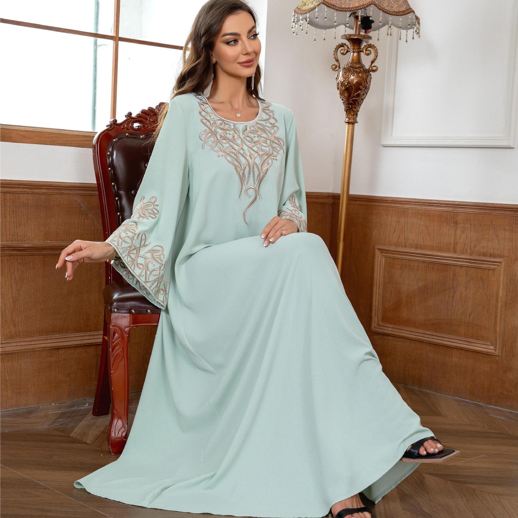 Women Light Mint Green Rhinestone Embroidered Round Neck Long Sleeve Abaya Loose Long Dubai Muslim Modest Kaftan Maxi Dress For Wedding Eid Ramadan