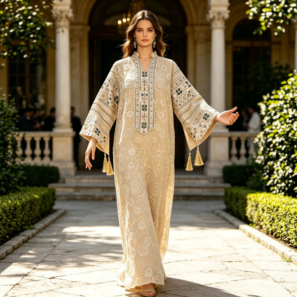 Luxury Wide Sleeve Tassel Embroidered Kaftan Abaya Modest Maxi Gown for Muslim Women Festive Evening Party Robe S-XXL - 178