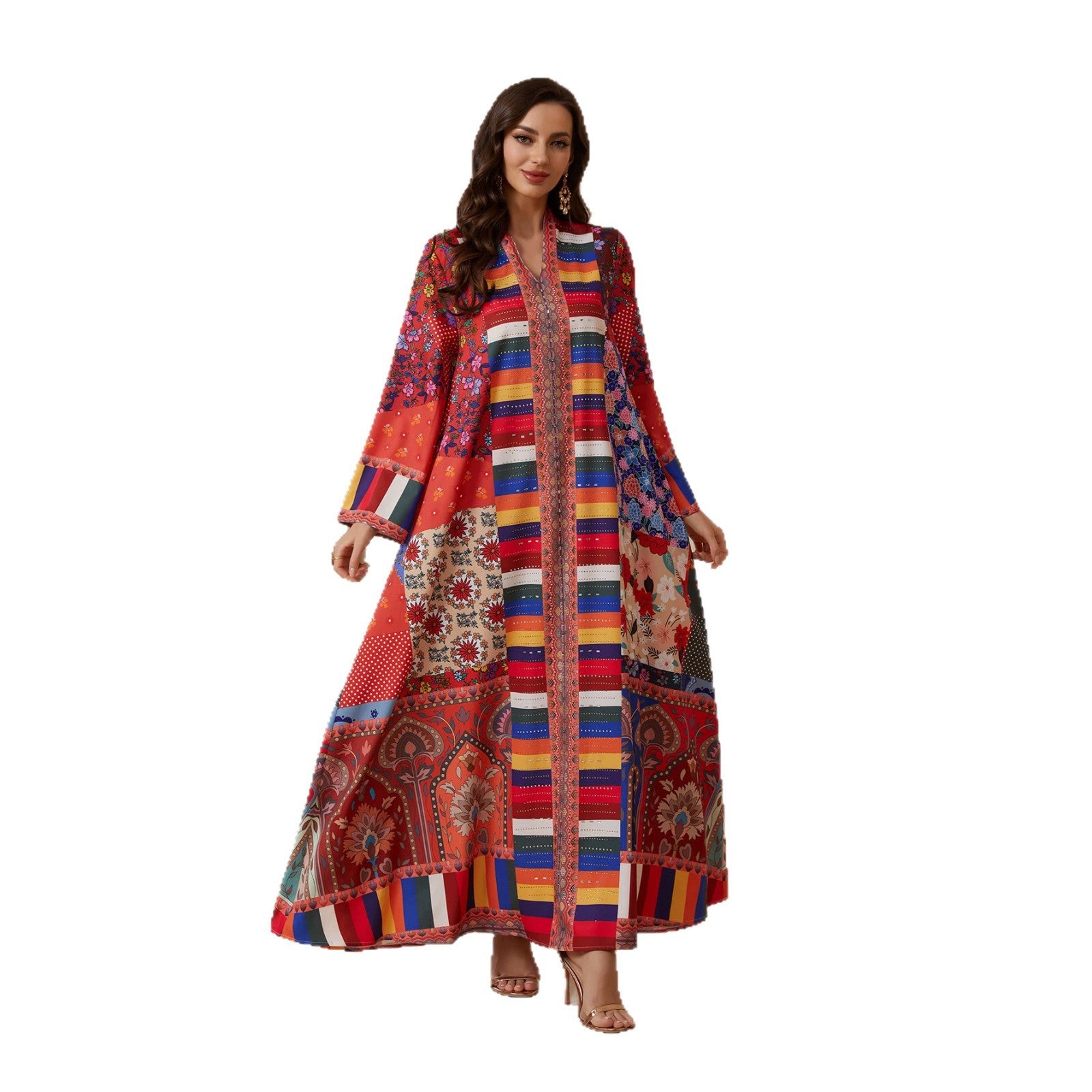 Red Printed Rhinestone Jalabiya - Ethnic Pullover Modest Dress