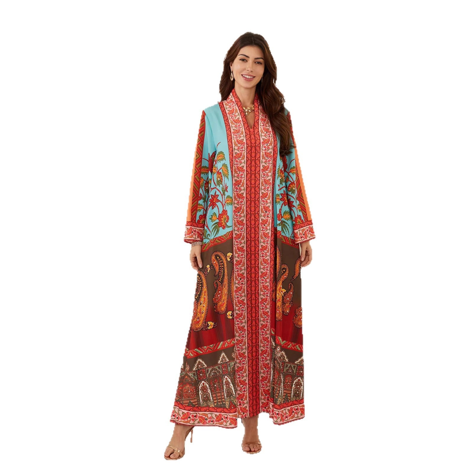 Radiant Floral V-Neck Kaftan – Elegant Modest Maxi Dress