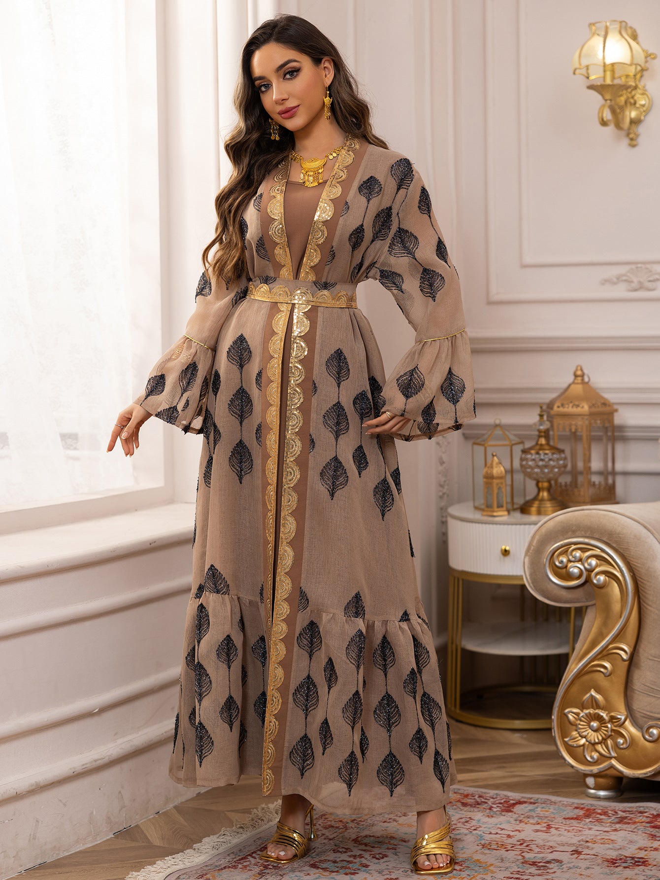 Khaki Embroidered Mesh Floral Pullover Maxi Dress Set with Vest