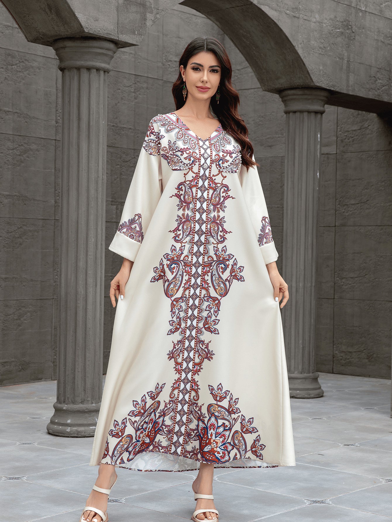 Apricot Floral Print Rhinestone Embroidered Maxi Abaya Dress