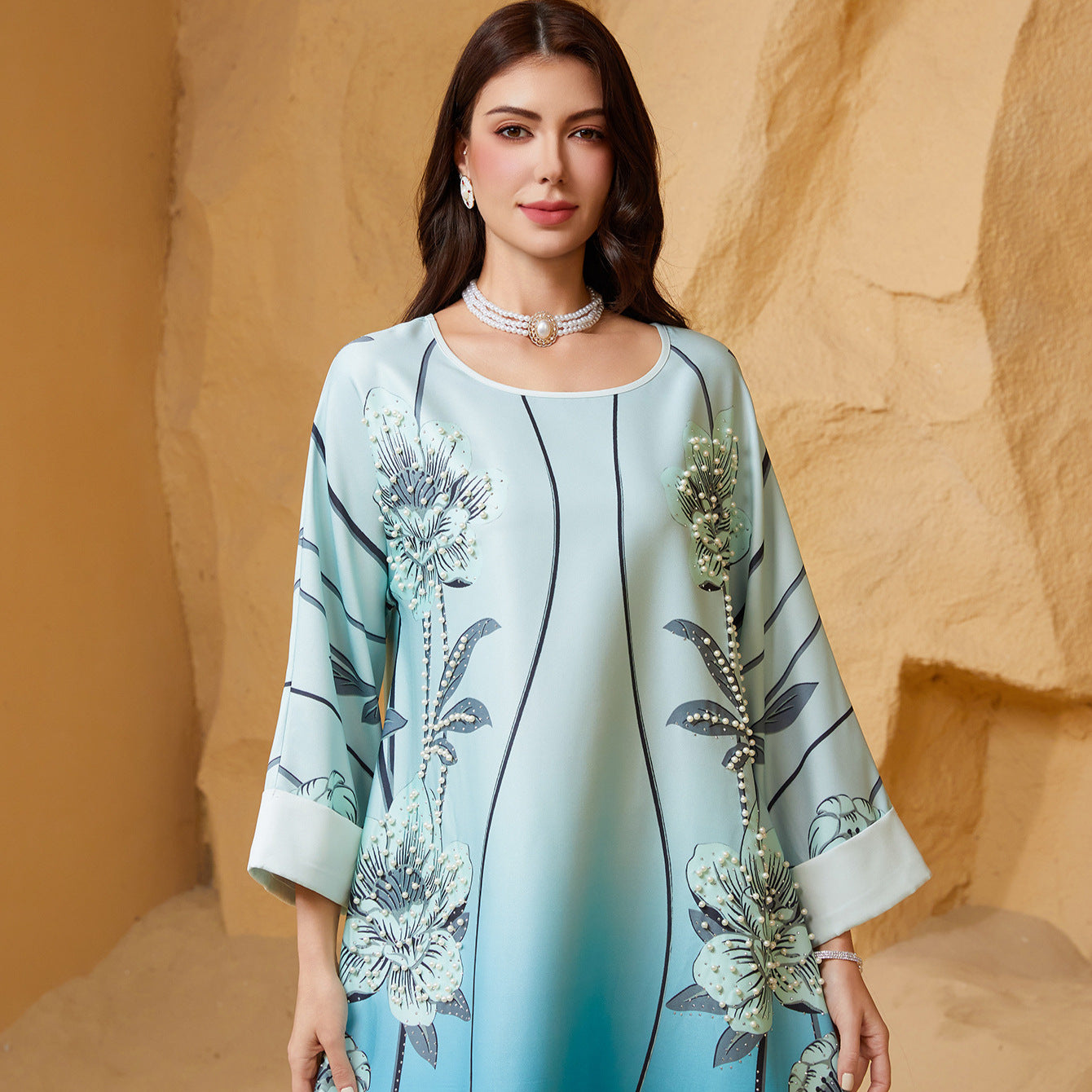 Sky Blue Rhinestone Beaded Round Neck Floral Maxi Dress