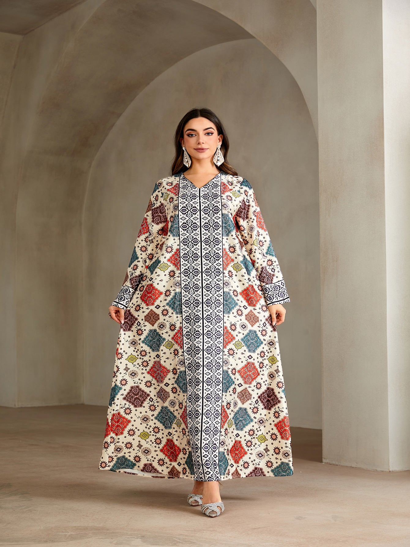 Ethnic Geometric Print Rhinestone Embellished Gown Jalabiya Modest Straight Maxi Dress for Muslim Women Eid Ramadan S-XXL