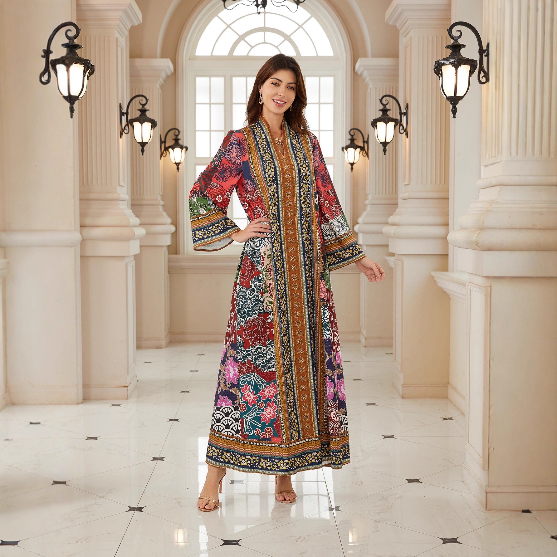 Radiant Floral Jalabiya – V-Neck Bohemian Modest Maxi Dress