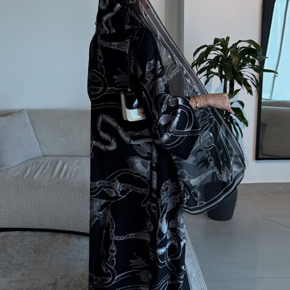 Black Grey Floral Print Open Abaya with Hijab Two-Piece Set