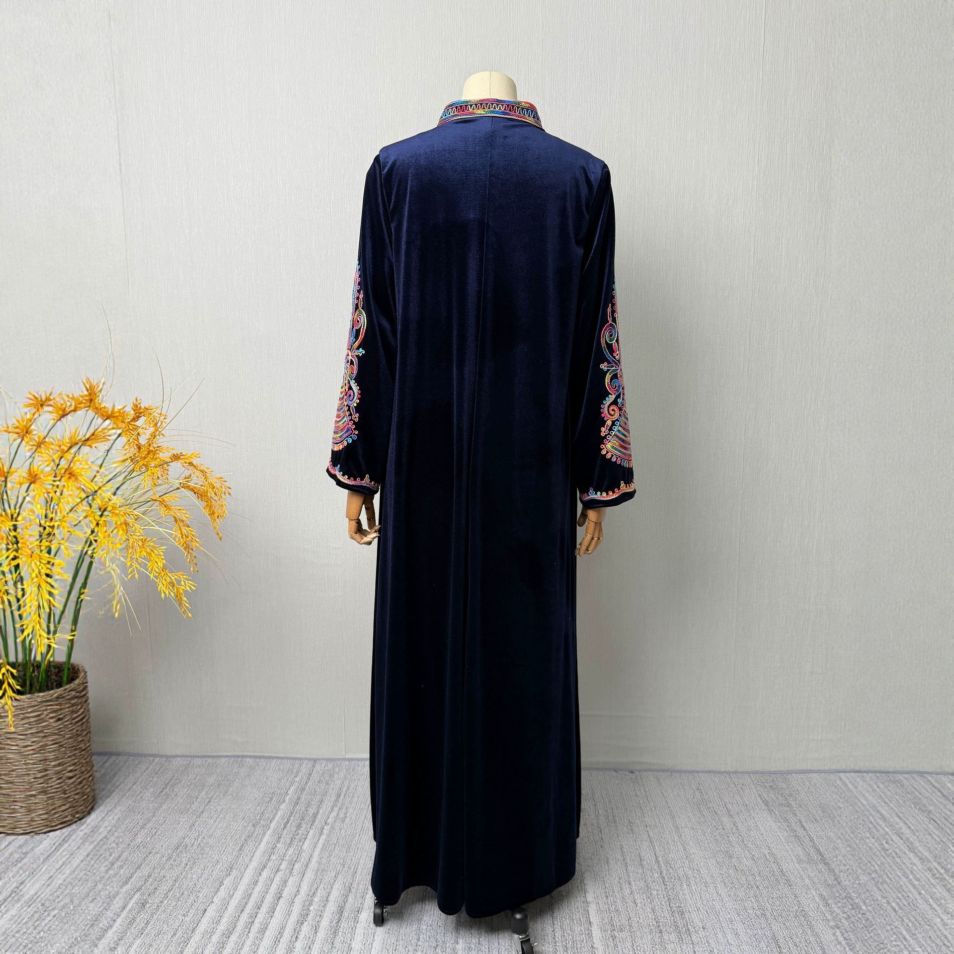 Two Color Embroidered Rhinestone Applique Stand Collar Maxi Dress