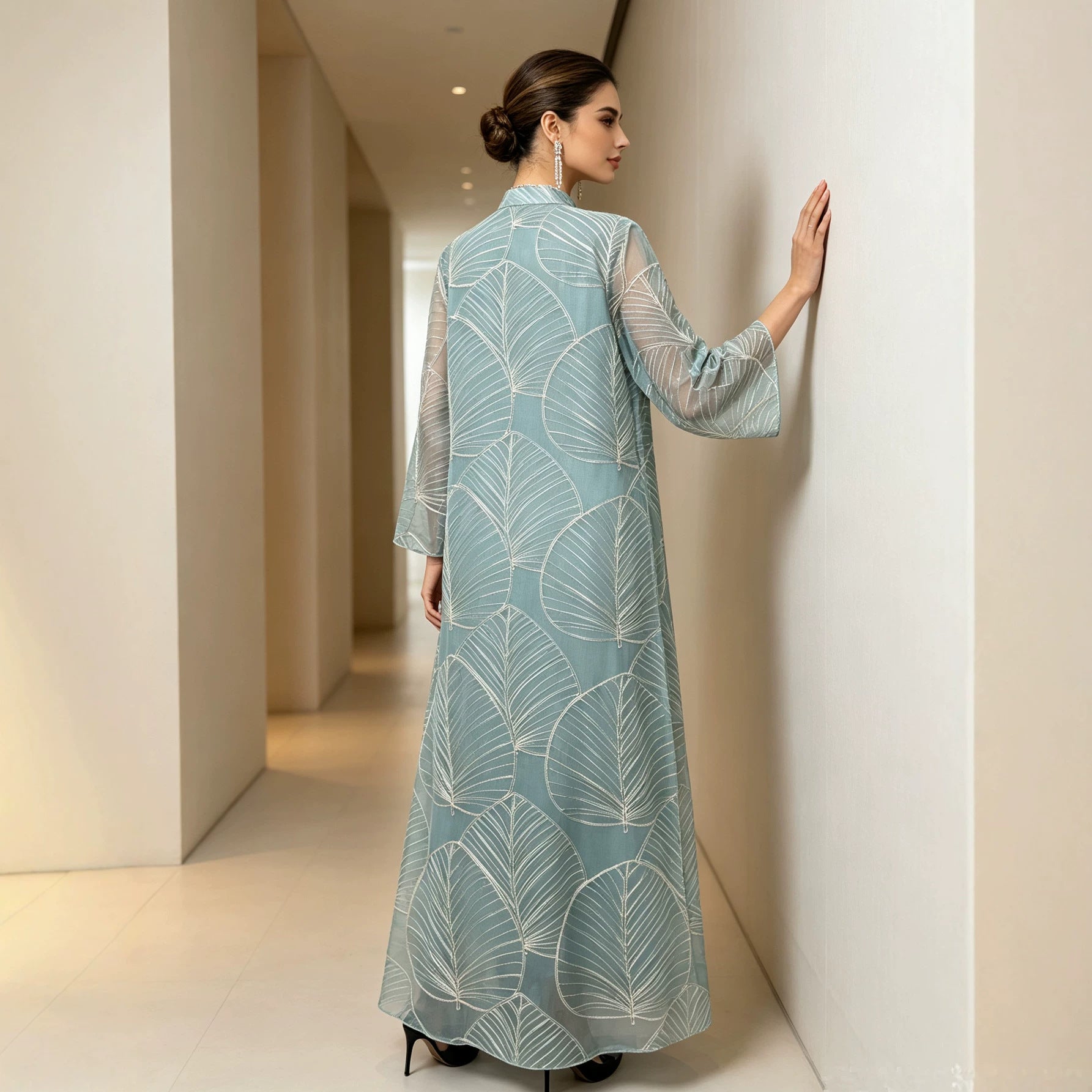 Apricot Emerald Green and Wine Red Leaf Pattern Embroidered Maxi Abaya