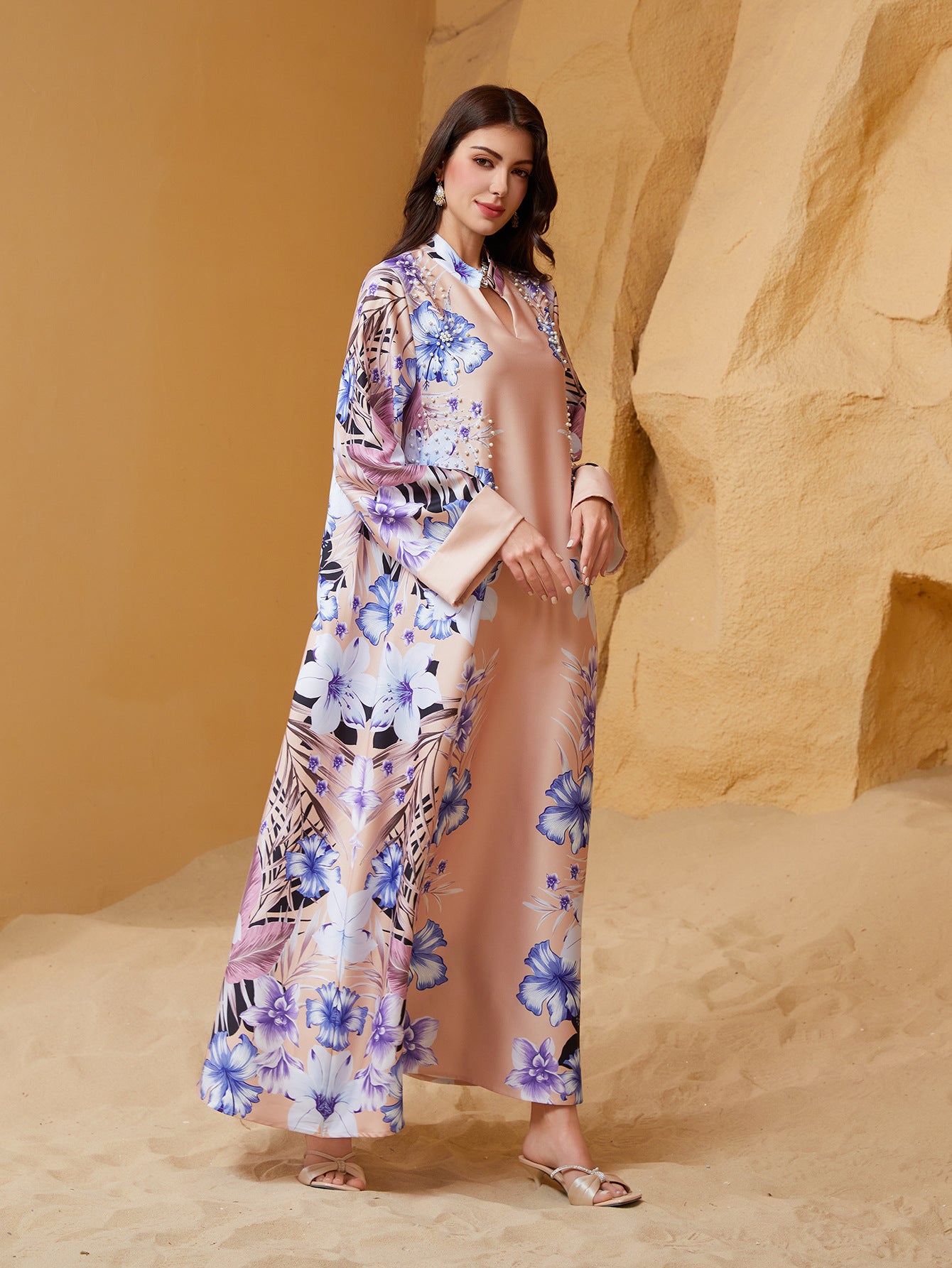 Blue Apricot Purple Printed Abaya - Plus Size European Long Robe