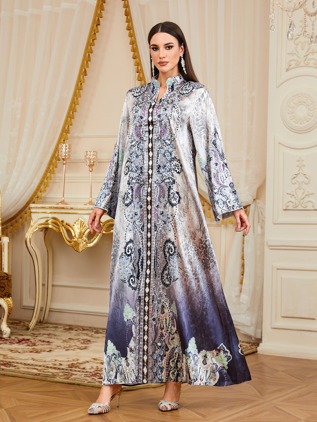 Rhinestone Beaded Floral Print Gown Jalabiya Modest Loose Long Maxi Evening Dress for Muslim Women Eid Ramadan S-XXL