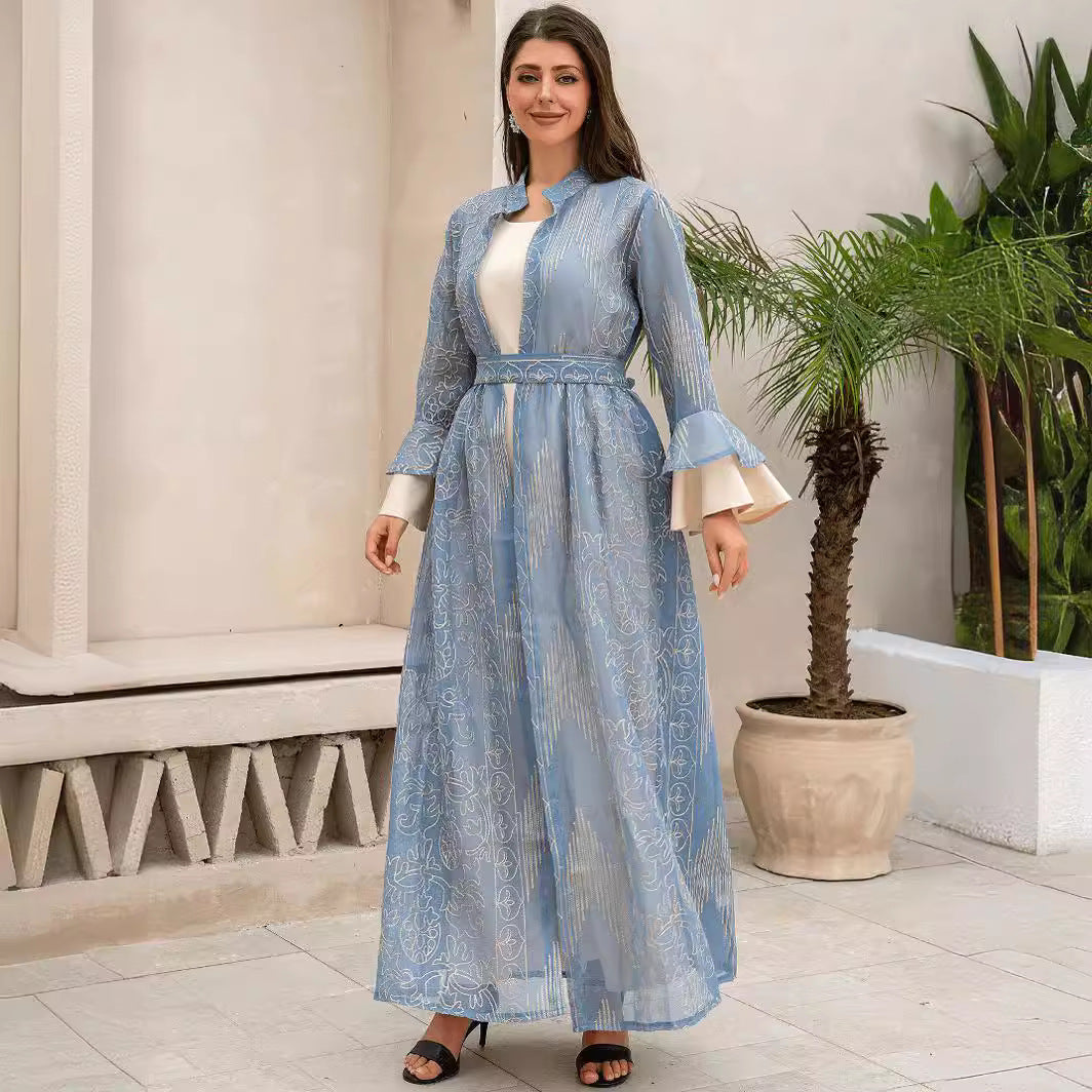 Premium Gold Embroidered Two Piece Abaya Set Women Light Blue Sheer Stand Collar Flare Sleeve Open Robe Matching Waist Belt Floor Length White Inner Dress Luxury Modest Outfit For Middle East Eid Celebration & Nikkah Wedding Ceremony
