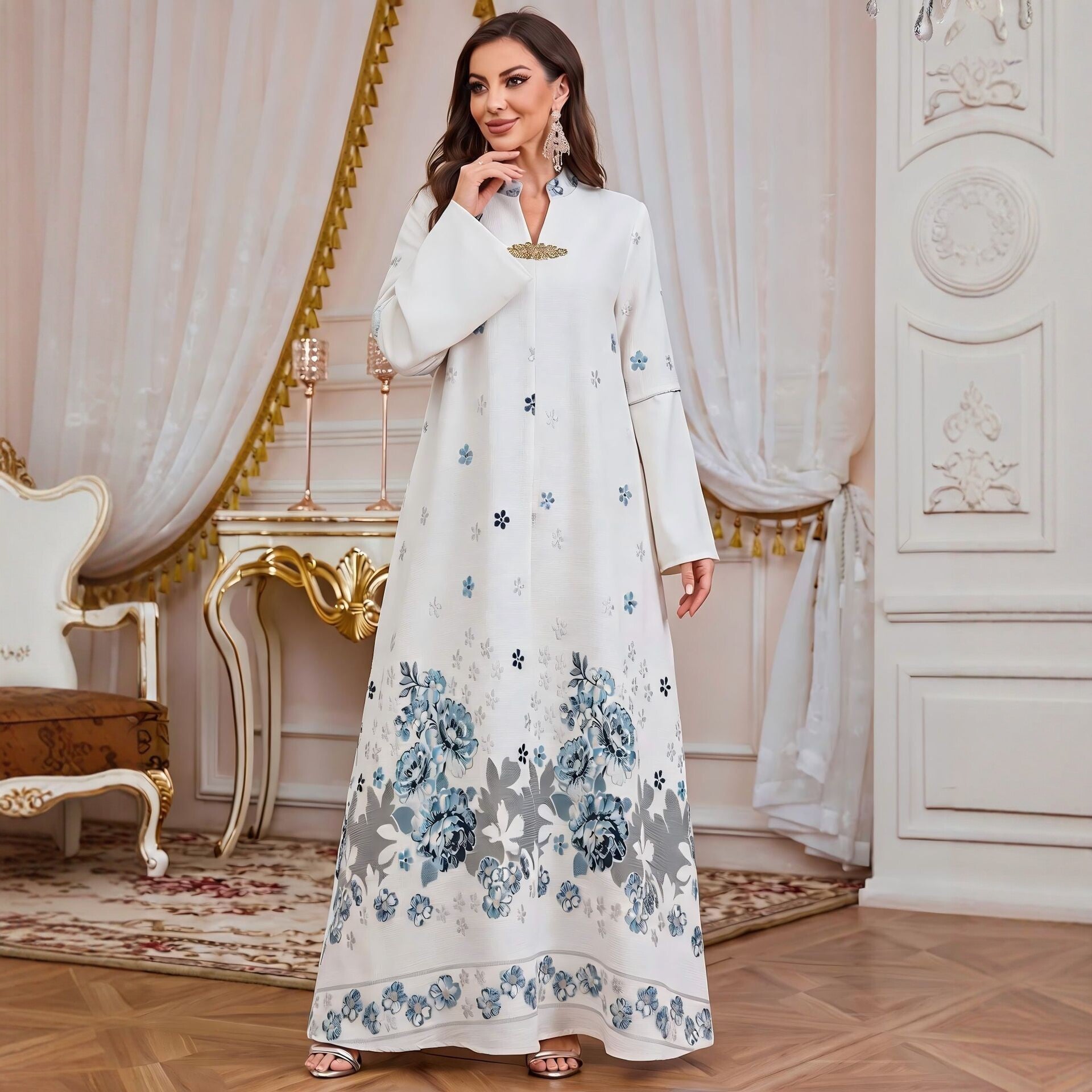 Emerald Blue V-Neck Rhinestone Embellished Modest Maxi Abaya Dress