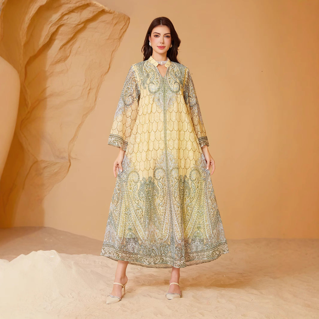 Exquisite Yellow Rhinestone Beaded Kaftan Abaya Maxi Eid Ramadan