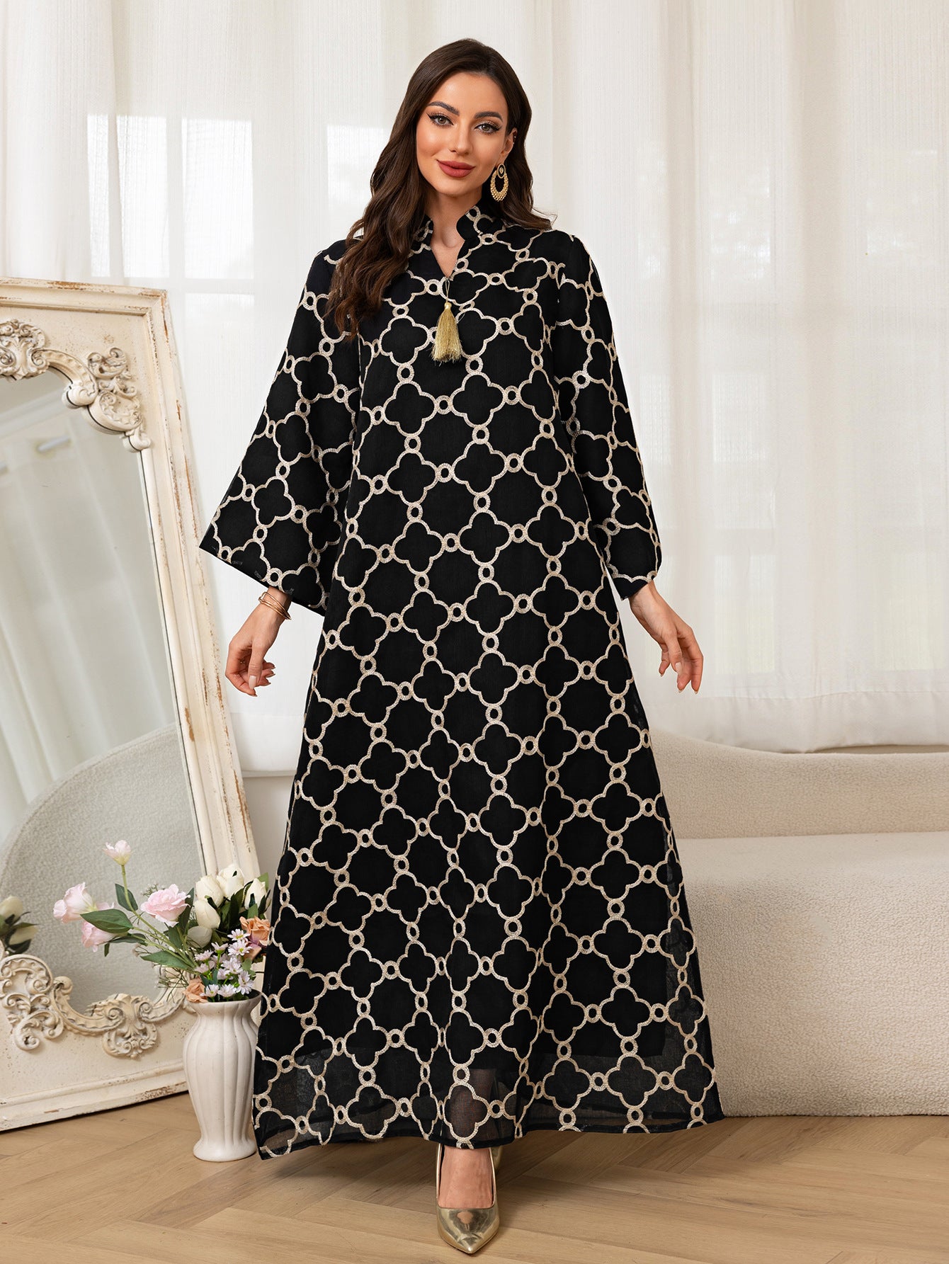 Apricot and Black Beaded Leaf Embroidered Maxi Abaya Dress Jalabiya Modest Long Dress for Muslim Women Eid Ramadan Daily Wear S-XXL