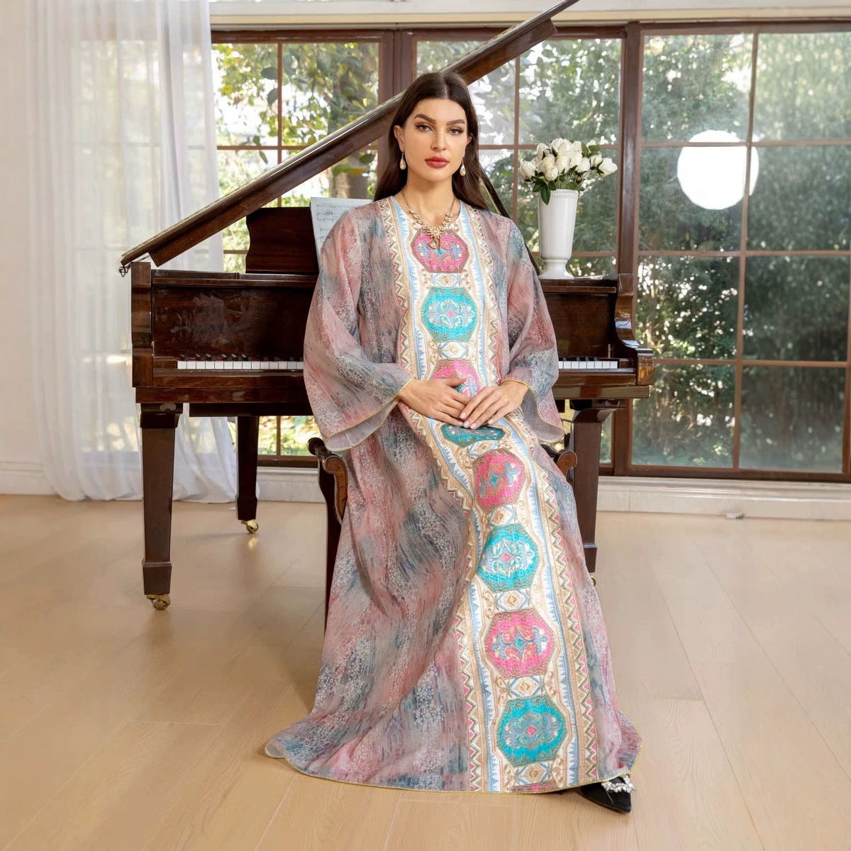 Pink Sequin Embroidered Gown Cover-up Long Maxi Dress Modest Muslim Jalabiya Robe for Women Eid Ramadan