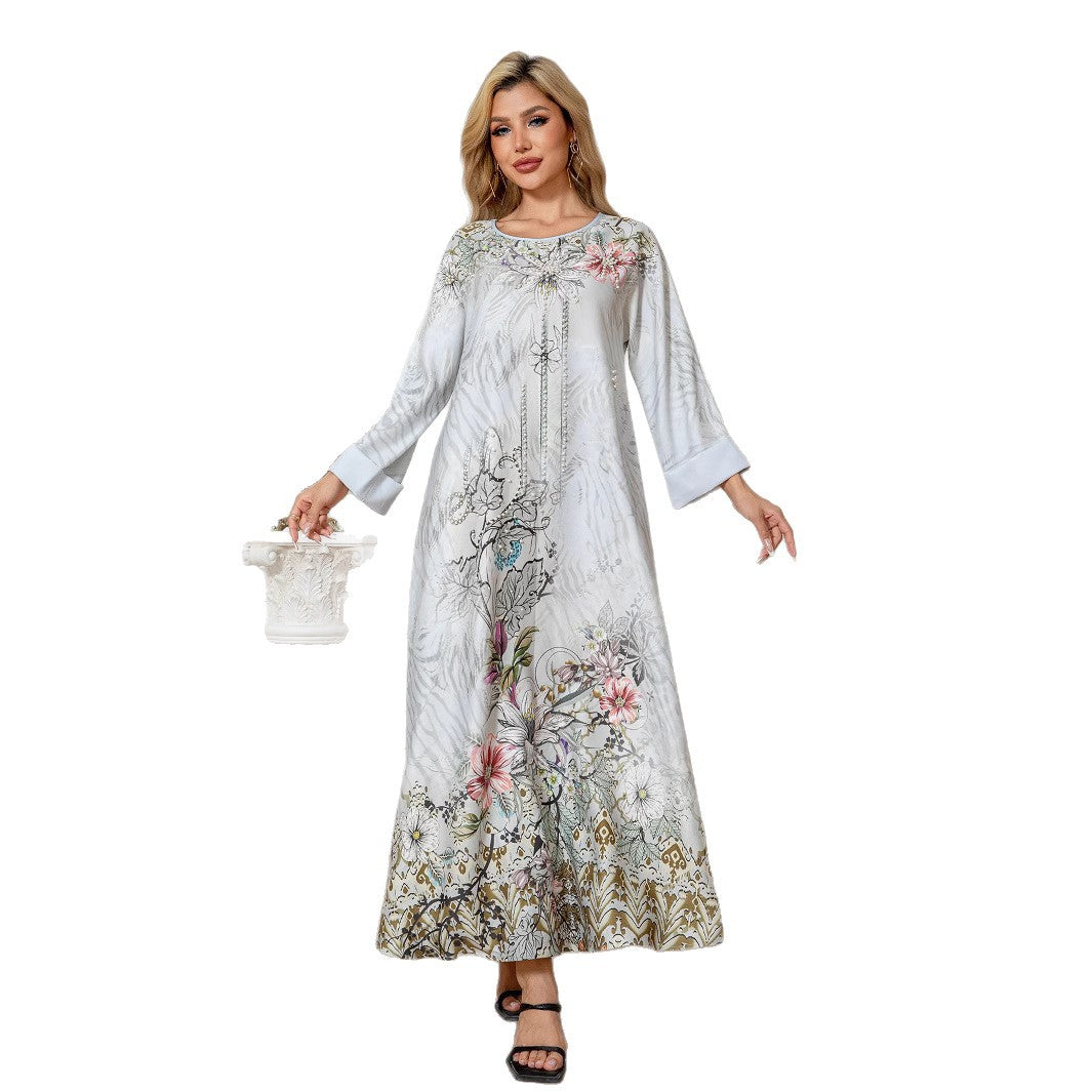Light Grey Printed Beaded Abaya - Rhinestone Modest Maxi Dress
