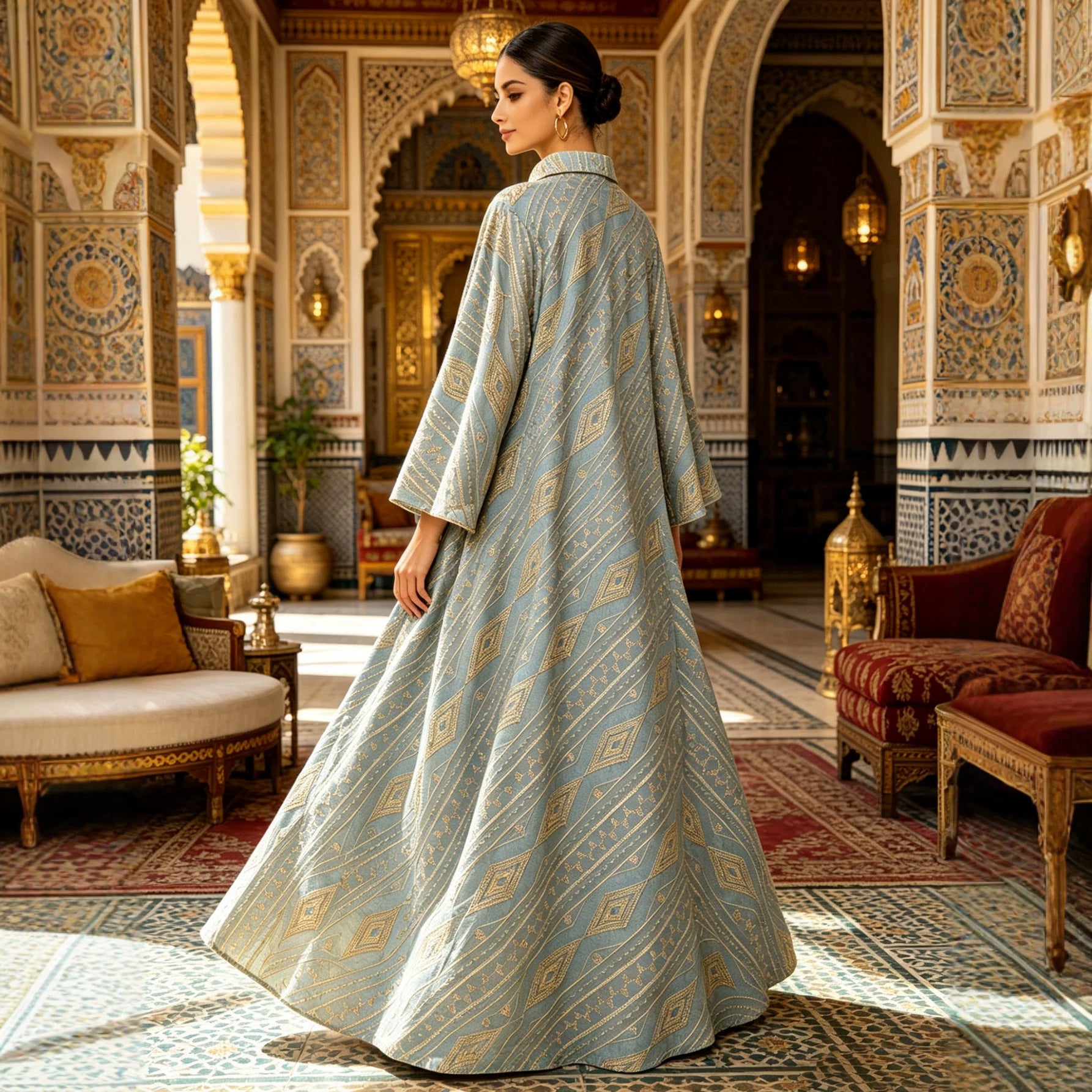 Elegant Embroidered Mesh Long Dress Abaya Kaftan Modest Maxi Dress for Muslim Women Eid Ramadan Festive Wear S-XXL