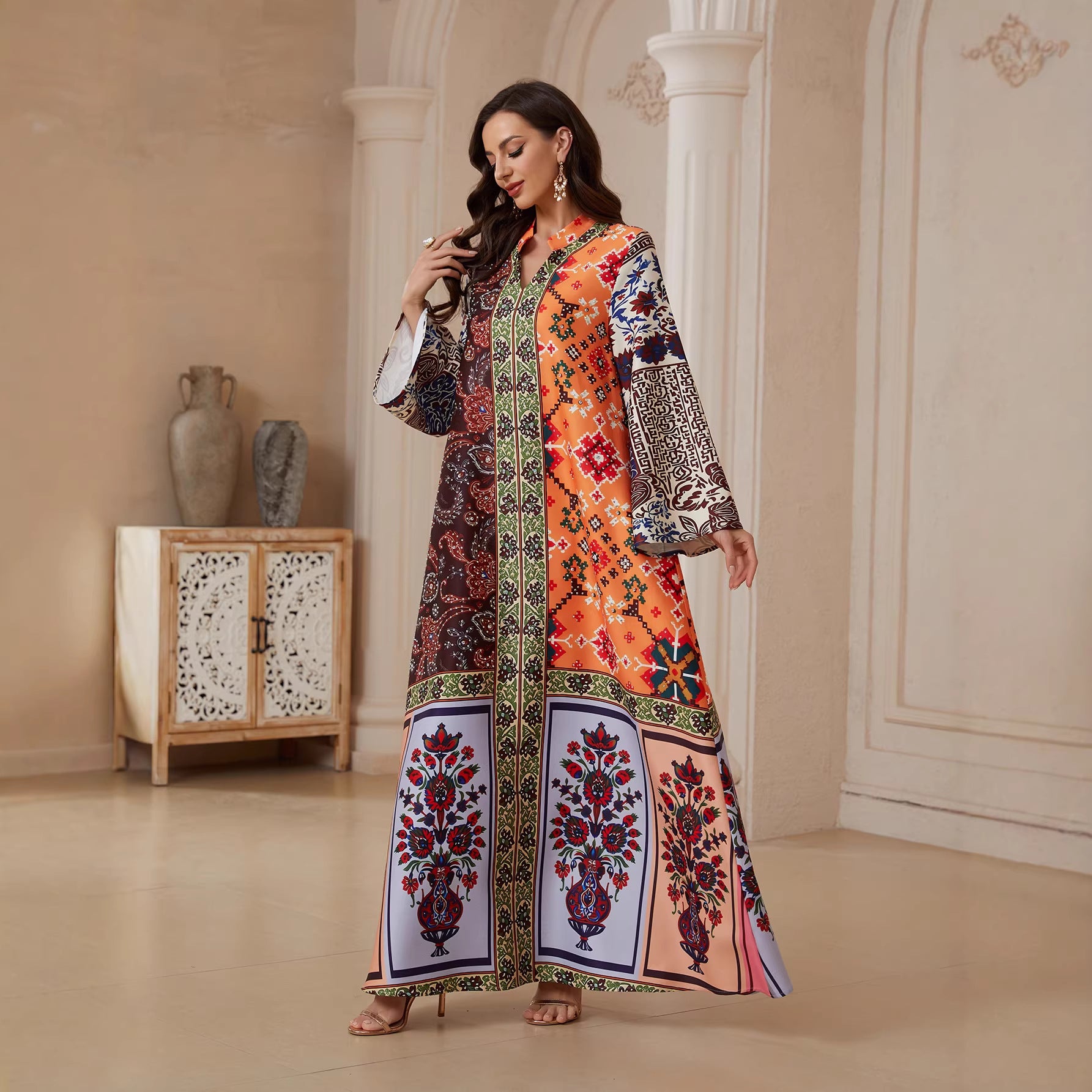 Floral Print Pullover Abaya Robe - Modest Muslim Dress for Women