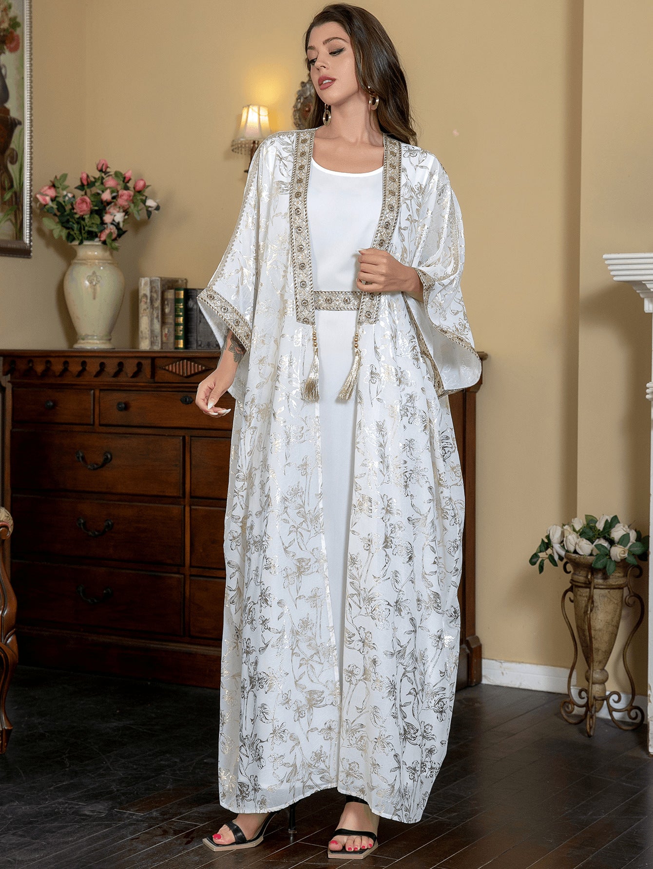 Ivory White Gold Foil Floral Premium Pan-Arab Craft Open Front Modest Two Piece Outfit Glossy Satin Jacquard Single Layer Outer Kaftan Solid White Slip Maxi Dress All Over Delicate Metallic Gold Silver Botanical Jacquard Print Wide Batwing Kimono Fla
