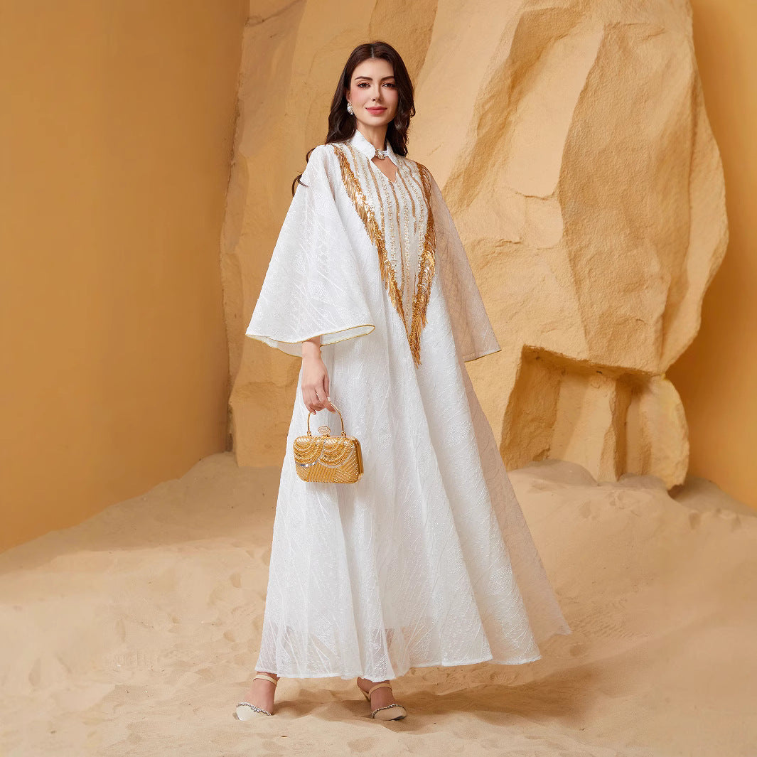 Gold Tassel Sequin Geometric Print Abaya For Women Stand Collar Bell Wide Sleeve Dubai Luxury Mesh Muslim Kaftan Modest Maxi Dress For Eid Ramadan Wedding Evening Party
