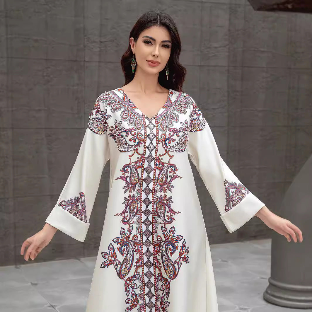 Apricot Floral Print Rhinestone Embroidered Maxi Abaya Dress