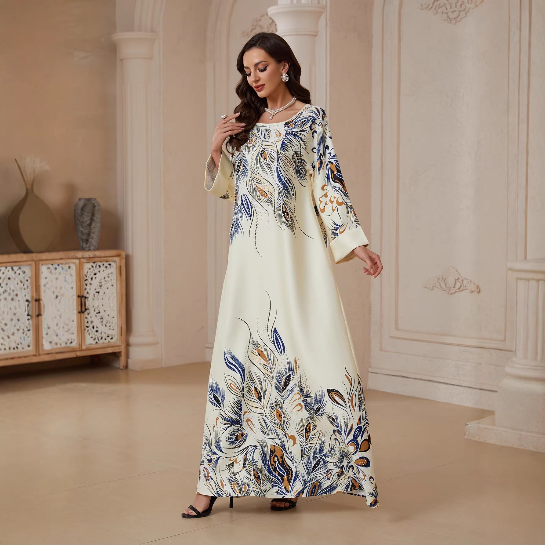 Women Round Neck Gradient Peacock Feather Print Abaya Cuff Long Sleeve Maxi Jalabiya Cream Matte Crepe Ethnic Modest Gown For Eid Mubarak Ramadan Wedding Evening Party