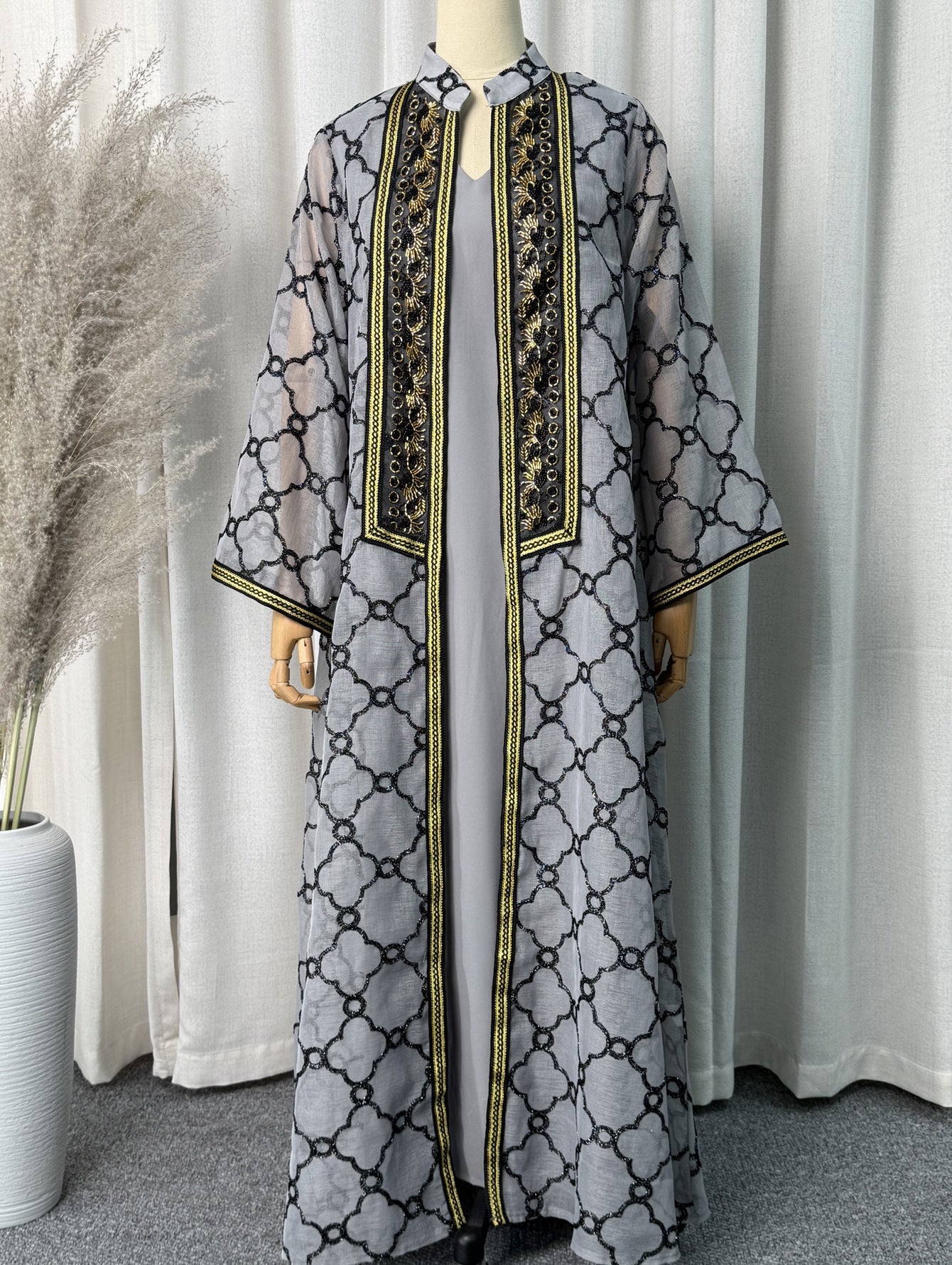 Grey and Black Heavy Embroidered Mesh Open Cardigan Two-Piece Maxi Set