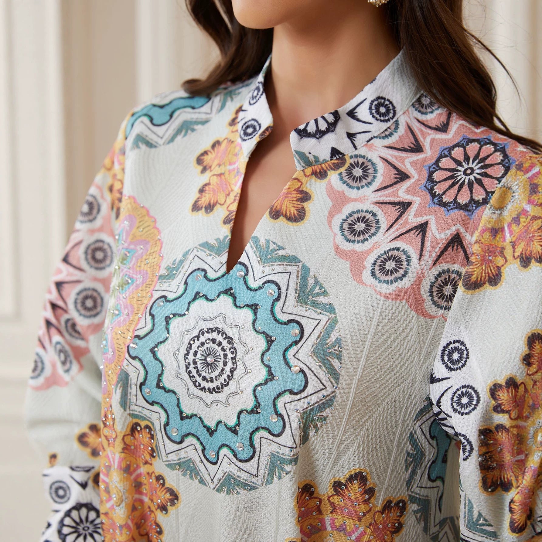 2026 New Arabian Boho Couture Multi Color Mandala Pattern Abaya Lightweight Textile Oversize Loose Long Sleeve Plus Size Modest Kaftan For Eid Banquet Family Trip