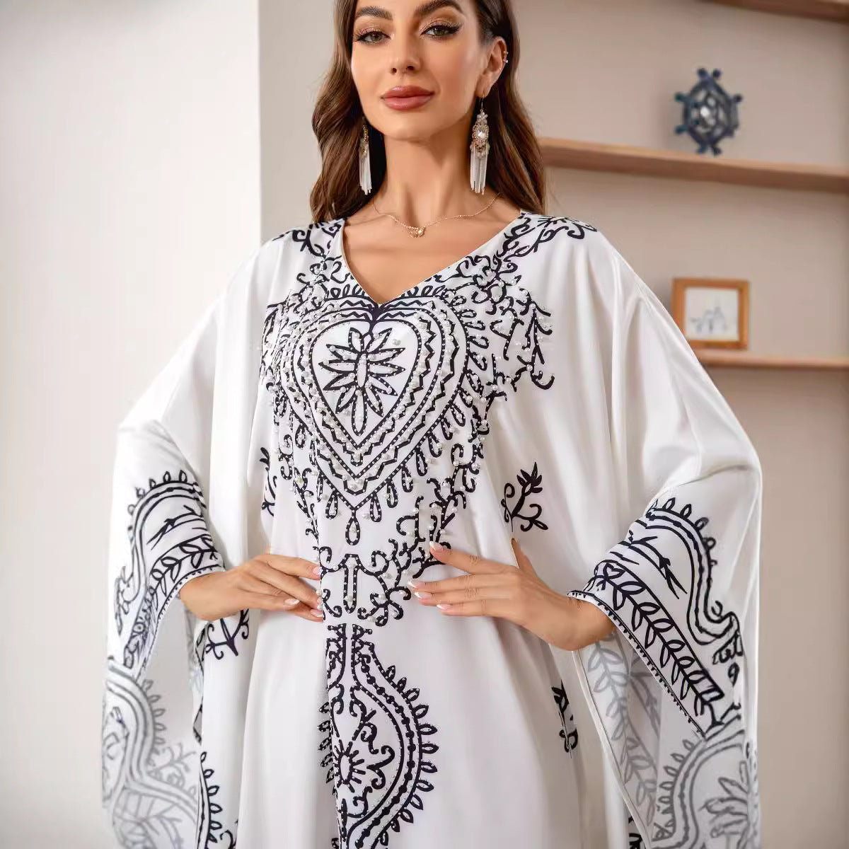 White Batwing Floral Abaya - Modest Muslim Dress Ramadan Eid