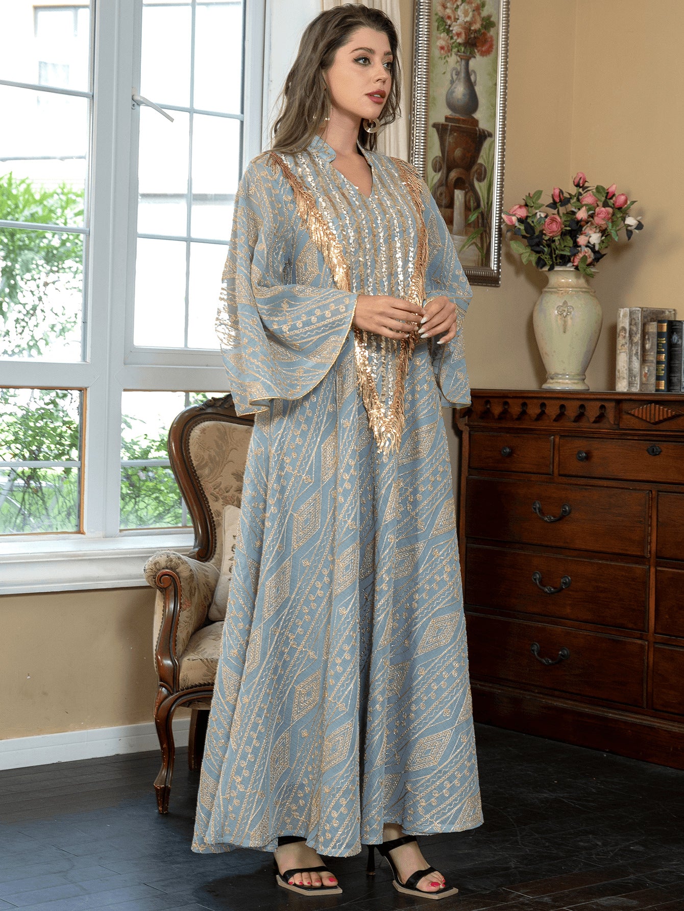 Gold Tassel Sequin Geometric Print Abaya For Women Stand Collar Bell Wide Sleeve Dubai Luxury Mesh Muslim Kaftan Modest Maxi Dress For Eid Ramadan Wedding Evening Party