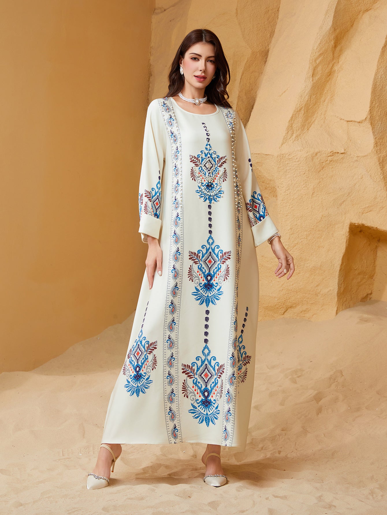Ivory Printed Abaya Robe - Ethnic Style Modest Long Dress