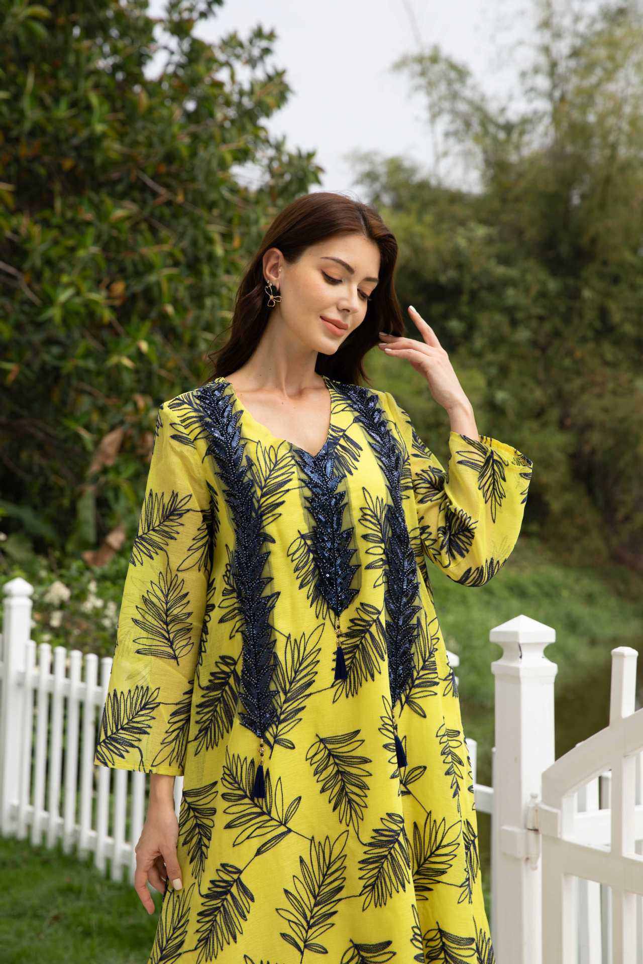 Stunning Yellow Embroidered Kaftan – Muslim Evening Gown