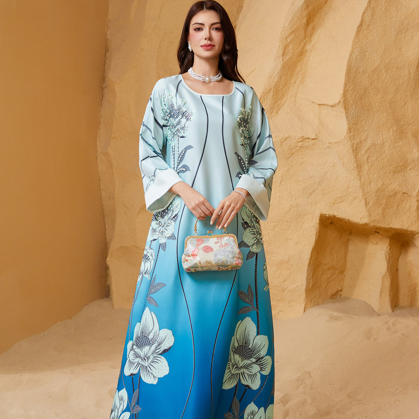 Sky Blue Rhinestone Beaded Round Neck Floral Maxi Dress