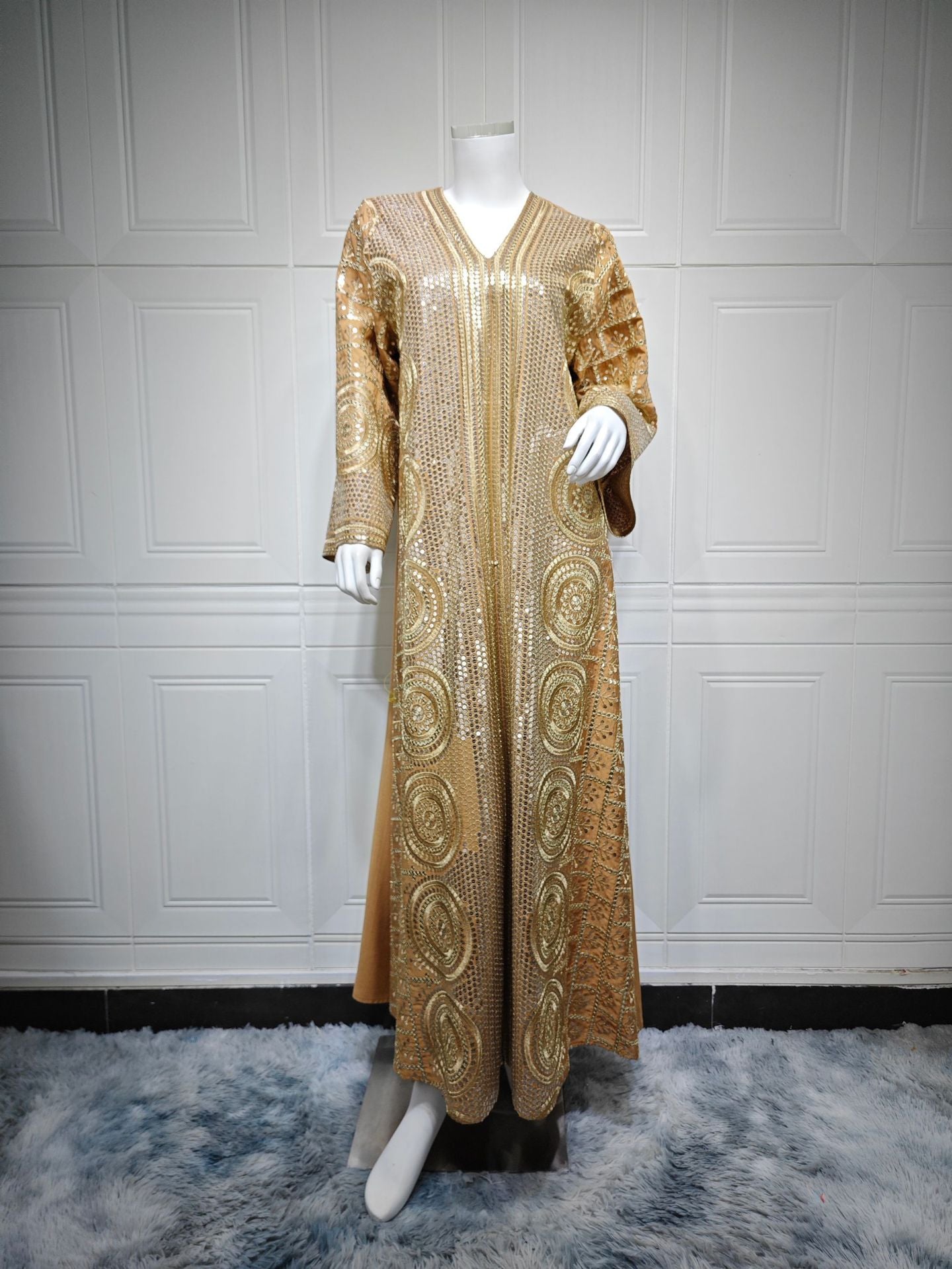 Elegant V Neck Muslim Formal Jalabiya Full Width Circular Sequin Embroidery Relaxed Wide Flare Sleeve Long Glitter Gown 3 Shades All Occasion Eid Holiday Wear