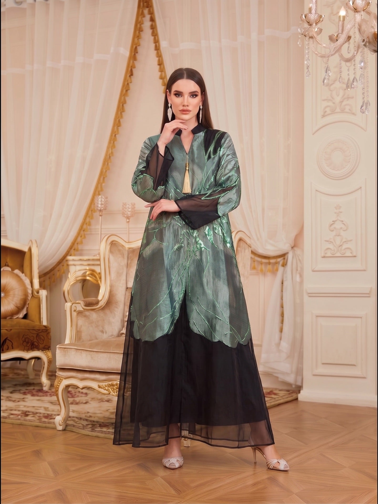 Multi-Color V-Neck Jacquard Lined Evening Maxi Abaya Dress