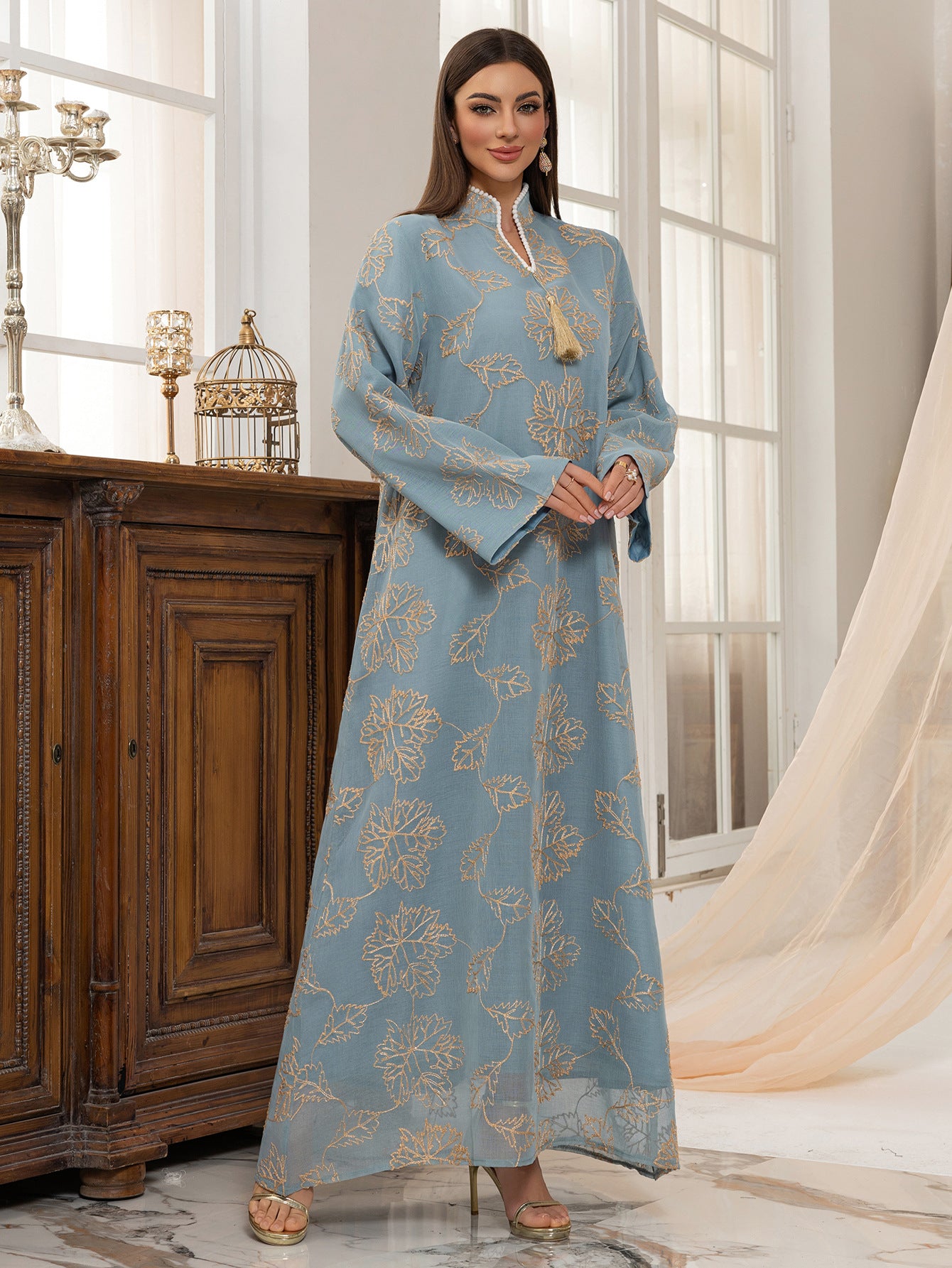 Fringed Leaf Embroidered Mesh Kaftan Dress Jalabiya Modest Long Maxi Dress for Muslim Women Eid Ramadan Daily Wear S-XXL