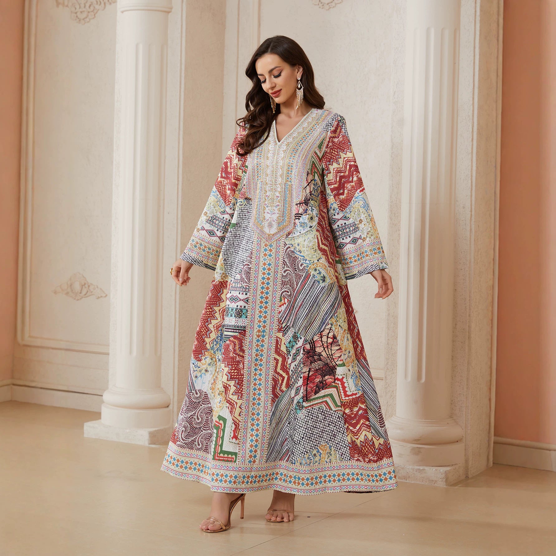 Ethnic Patchwork Geometric Premium Pan-Arab Craft V Notch Front Modest Maxi Tunic Light Airflow Single Layer Chiffon Textile All Over Vintage Tribal Patchwork Zigzag Grid Floral Mixed Print Ornate Multicolor Border Embroidery Trim Wide Straight Loose