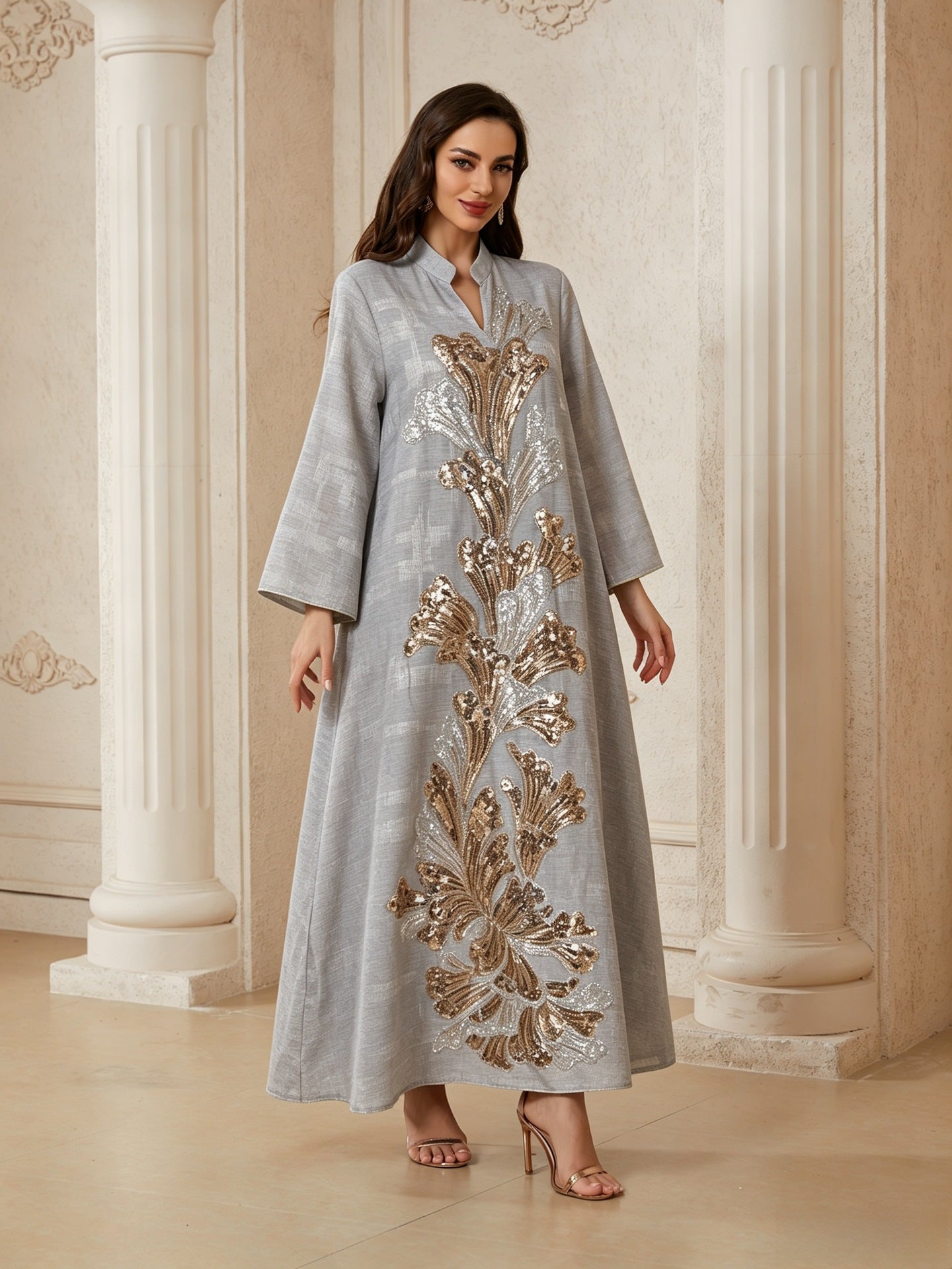Apricot Grey Lotus Sequin Embroidered Draped Plus Size Gown Jalabiya Modest Long Maxi Dress for Muslim Women Eid Ramadan