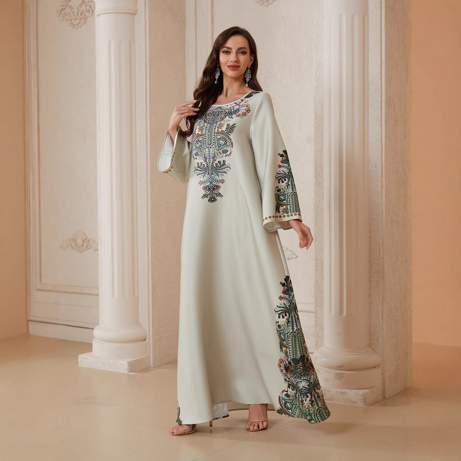 Neutral Light Grey Cream Matte Crepe Long Kaftan Robe For Ladies Round Neck Oversized Flare Sleeve With Central Paisley Floral Print Full Length Formal Modest Outfit