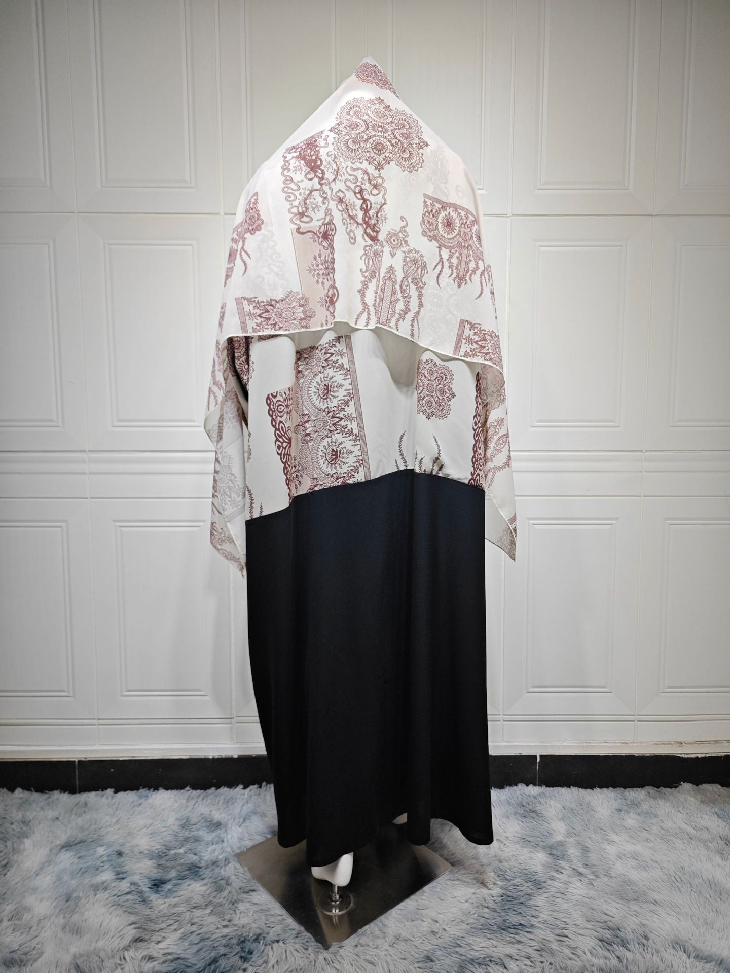 Black Floral Lace Patchwork Ice Silk Crinkle Maxi Cardigan Cape - One Size