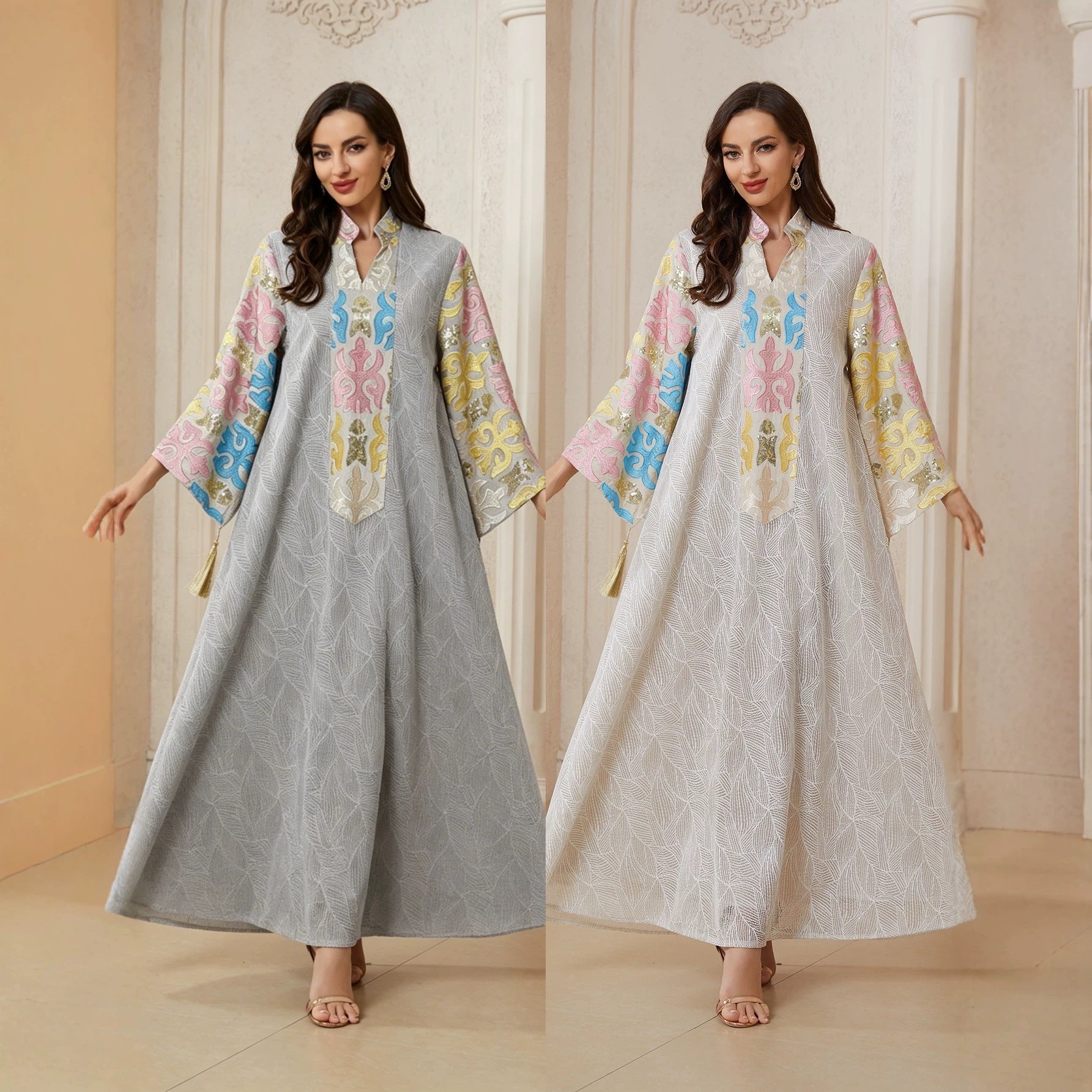 Elegant Multicolor Embroidered Tassel Abaya Women Grey Ivory Leaf Textured V Stand Collar Flared Sleeve Loose Maxi Kaftan Popular Middle East Modest Outfit